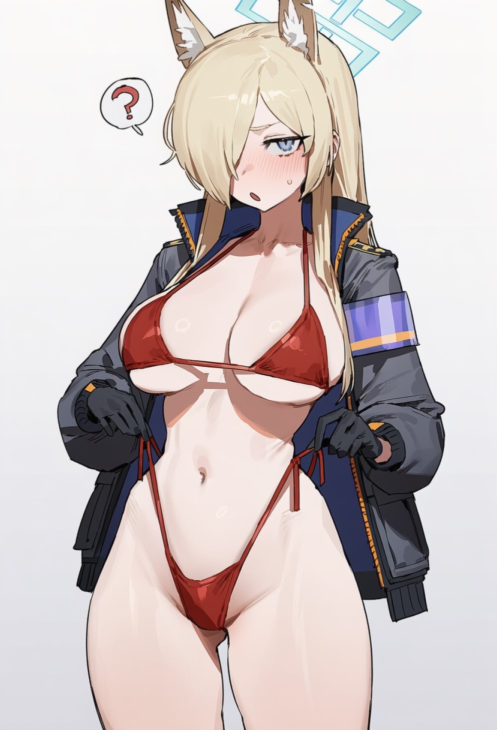 ?, ai generated, animal ears, big breasts, bikini, blonde female, blonde hair, blue archive, blush, bra, breasts, cleavage, kanna (blue archive), looking at viewer, open mouth, panties, red bikini, thick thighs, thigh gap, wide hips