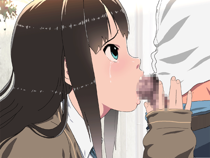 1boy, 1girls, animated, blue eyes, brown hair, censored, cum, cum in mouth, cum in throat, cum on face, deepthroat, fellatio, female, kabe ni hamatte ugokenai!, kabe ni hamatte ugokenai! 3, male, male pubic hair, nighthawk (circle), oral, partial male, penis, pubic hair, rape, solo focus, tagme, through wall