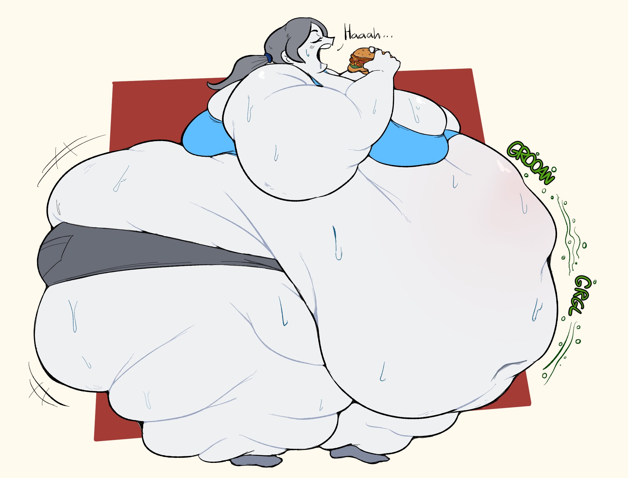 1girls, ass, belly, belly overhang, breasts, burger, closed eyes, eating, eating food, fat, female, female focus, female only, food, grey hair, groaning belly, gurgling belly, hips, hyper, hyper ass, kaboodledoodles, large ass, large breasts, nintendo, obese, obese female, overweight, overweight female, ponytail, shorts, sideboob, socks, solo, stomach, sweat, sweating, sweaty, sweaty body, thick thighs, thighs, weight gain, white body, white skin, wide hips, wii fit, wii fit trainer, wii fit trainer (female)