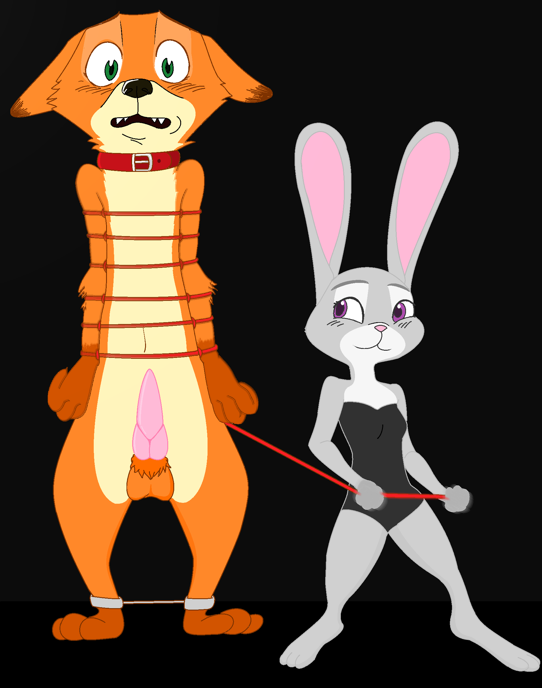 anthro balls black_background bondage bonwolf bound canine clothing collar disney domination duo female femdom fox fur judy_hopps lagomorph male malesub mammal navel nick_wilde nude penis predator/prey rabbit simple_background size_difference small_dom_big_sub smile submissive zootopia