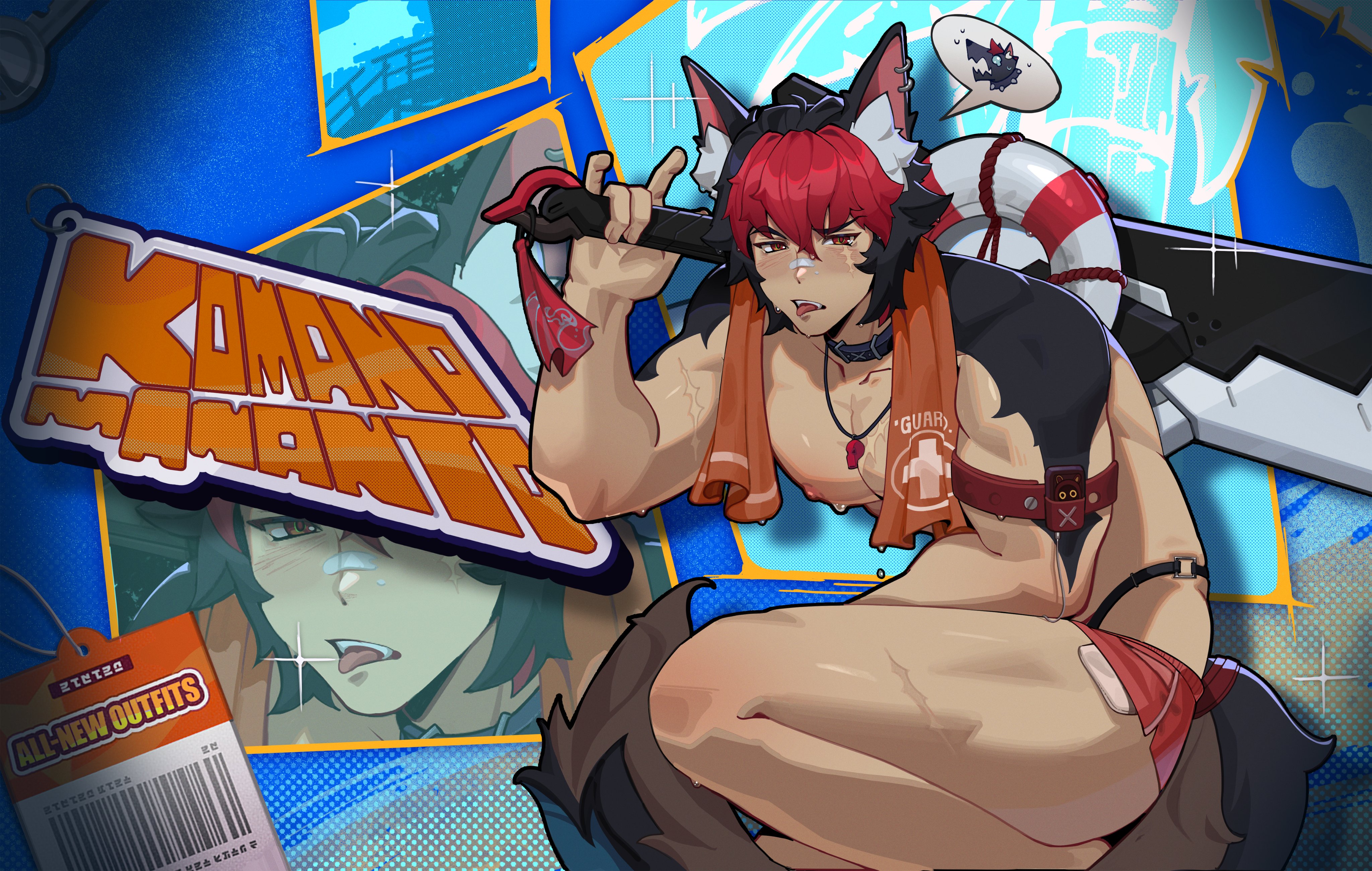 1boy, abs, absurdres, animal ears, bandaid, bandaid on face, bandaid on nose, bara, blush, character name, collar, dog boy, dog ears, dog tail, english text, highres, holding, holding sword, holding weapon, jewelry, komano manato, male focus, male only, multicolored hair, muscular, muscular male, necklace, nipples, open mouth, over shoulder, pectorals, red shorts, scar, scar across eye, scar on chest, scar on face, shorts, solo, solo male, speech bubble, spoken animal, squatting, summer, summer outfit, swimsuit, swimwear, sword, tail, tongue, tongue out, topless male, towel, towel around neck, vincent t (oriaarts), weapon, weapon over shoulder, wet, whistle, whistle around neck, zenless zone zero