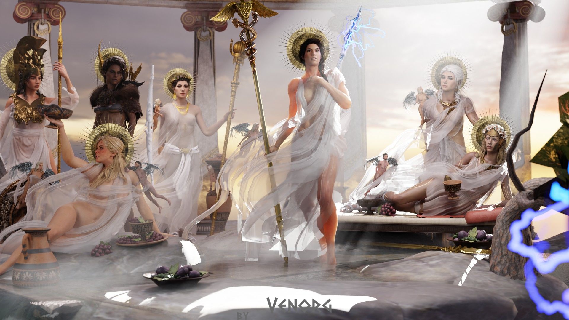 10girls, 3d, 6+girls, abs, amunet, ancient greece, aphrodite, aspasia, assassin's creed (series), assassin's creed odyssey, assassin's creed valhalla, athletic, athletic female, aya of alexandria, braid, breasts, brown hair, eivor varinsdottir, female, female protagonist, greek mythology, hekate, kassandra (assassin's creed), male, muscular, muscular female, muscular sub, nipples, nude, nude female, persephone, red dead redemption (series), red dead redemption 2, sadie adler, see-through, see-through clothing, tied hair, ubisoft, venorg, warrior, wet