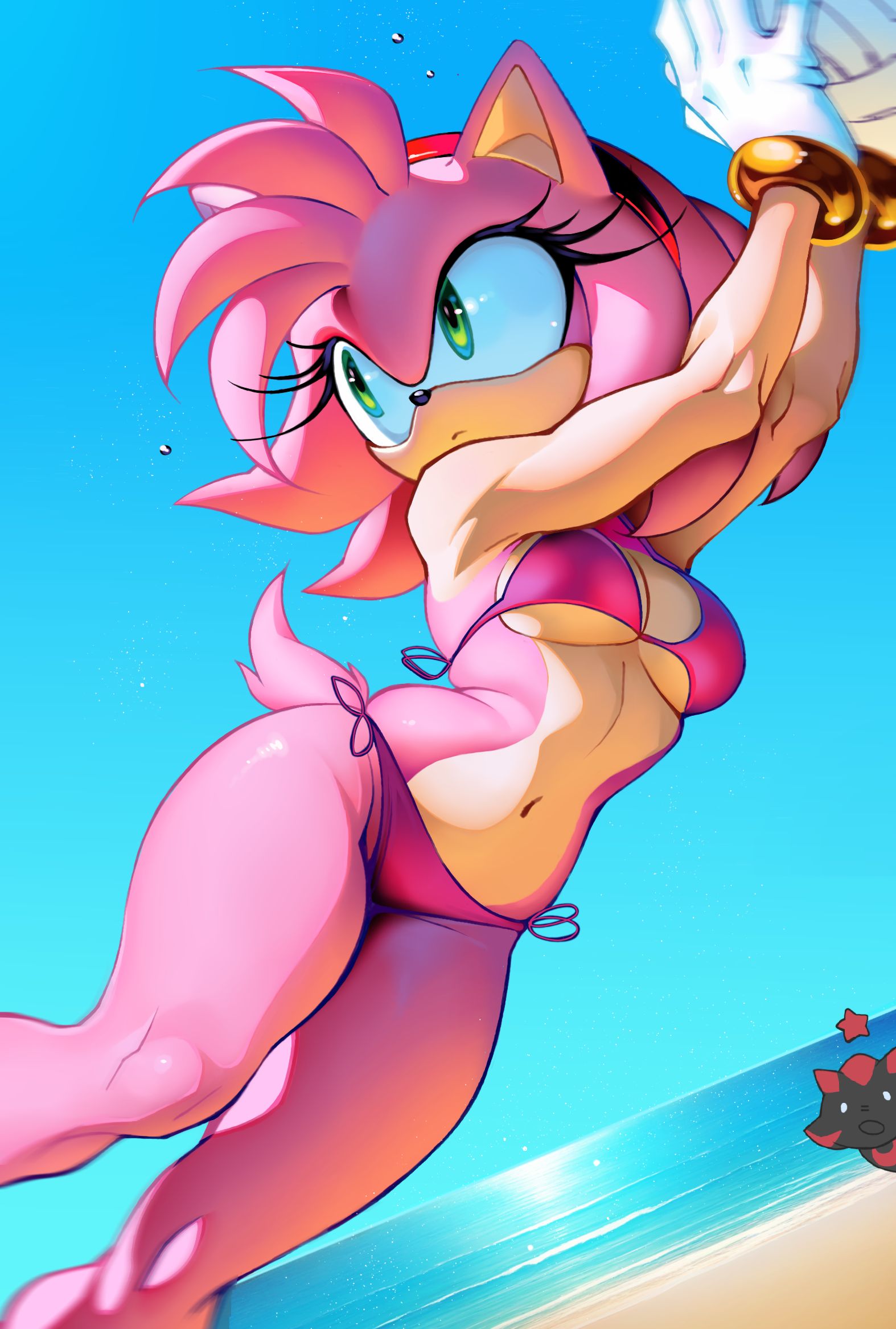 1boy, 1boy1girl, 1girls, 2025, amy rose, animal ears, anthro, beach, beach background, belly button, bikini, bikini bottom, bikini top, black body, black fur, black hair, breasts, creamm cake, digital drawing (artwork), digital media (artwork), eyelashes, eyelashes visible through hair, female, female focus, gloves, green eyes, headgear, headwear, hedgehog, hedgehog boy, hedgehog ears, hedgehog girl, hedgehog humanoid, male, mammal, mammal humanoid, mobian (species), navel, pink fur, pink hair, red fur, red hair, red highlights, sega, shadow the hedgehog, shiny fur, shiny hair, solo focus, sonic (series), sonic the hedgehog (series), star (symbol), swimsuit, swimwear, volleyball, white gloves, wrist cuffs, wristwear