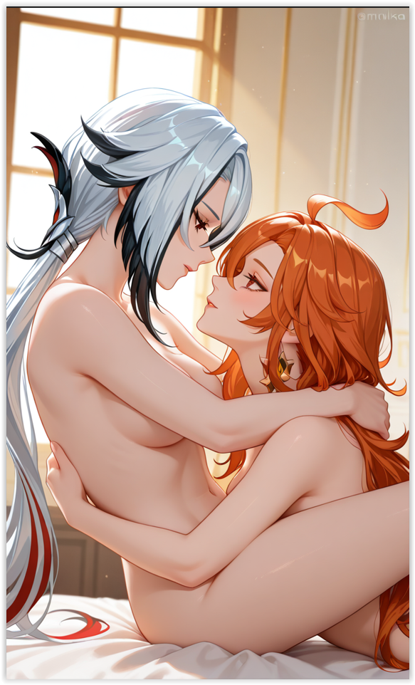 ai generated, arlecchino (genshin impact), female, female only, genshin impact, girlfriends, lesbian couple, lesbian focus, lovers, mavuika (genshin impact), sapphic, yuri