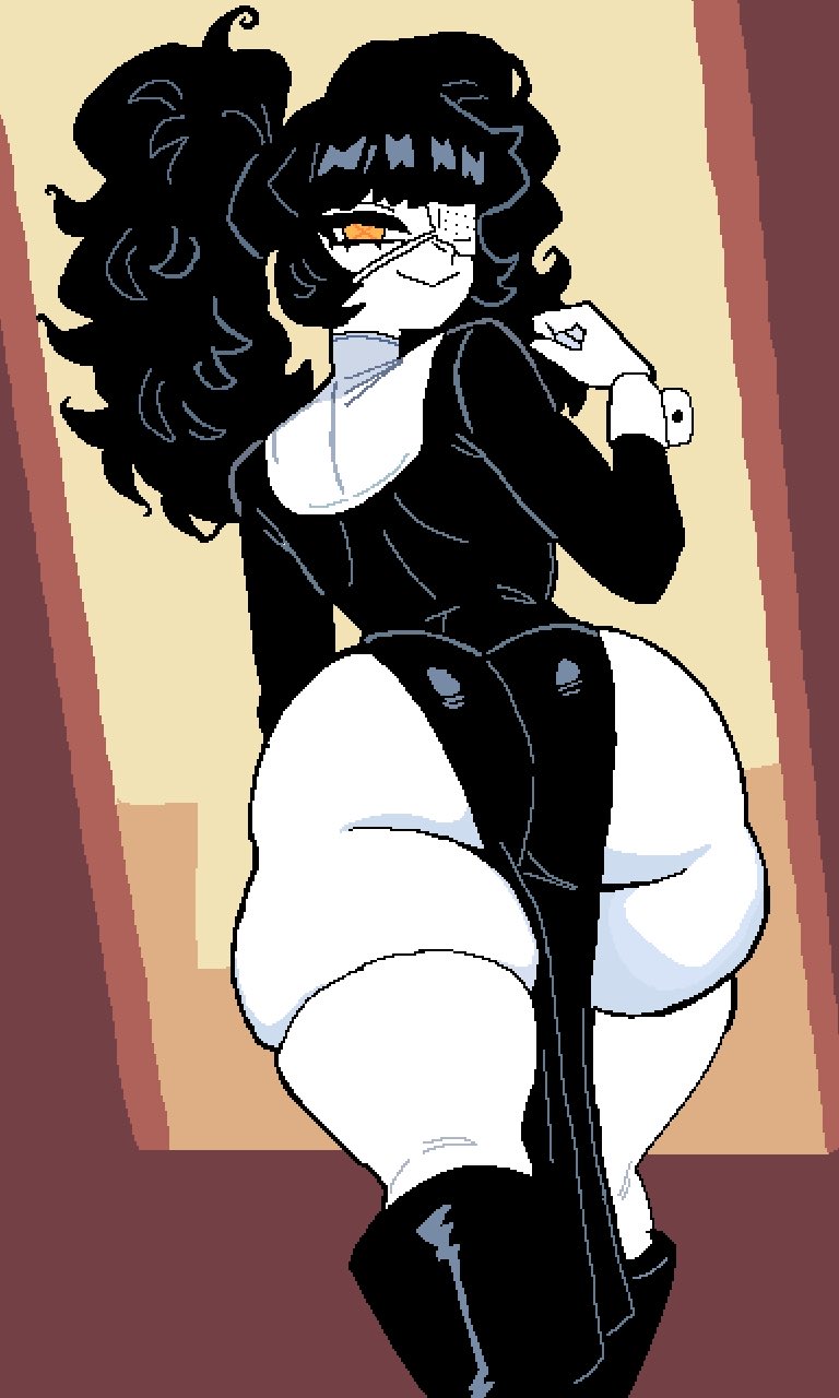 ass, ass focus, black hair, cuffs (clothing), eyepatch, fat ass, hair, huge ass, looking at viewer, monmaamn, nun, nun outfit, oc, original, seraphim (monam), tagme, visible ass, white skin, yellow eyes