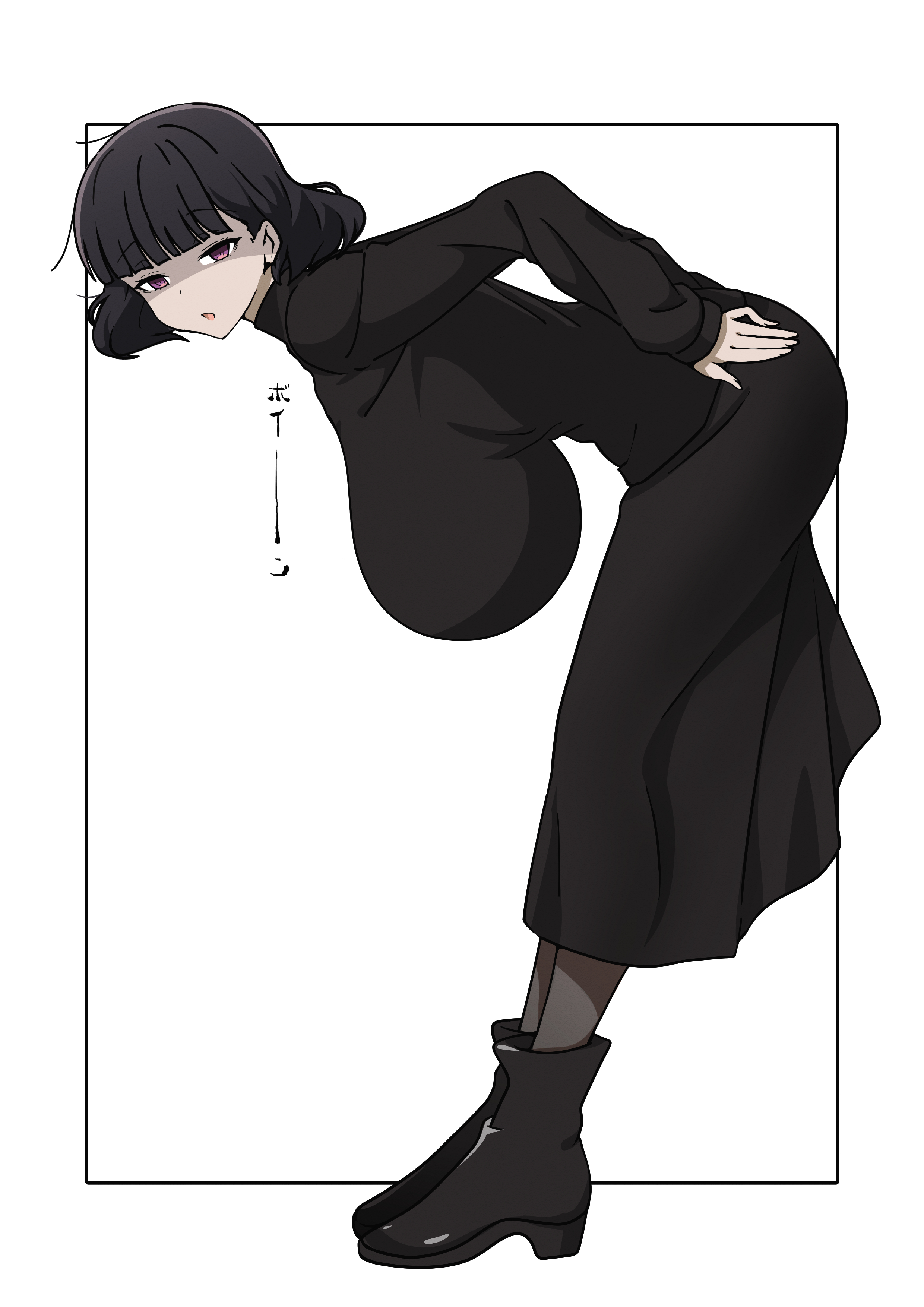 1girls, absurdres, bent over, black boots, black hair, black skirt, black sweater, blunt bangs, boots, breasts, eyebrows visible through hair, female, goumonsha, hanging breasts, highres, huge breasts, japanese text, kurokirishima yui (goumonsha), long skirt, long sleeves, original, partially shaded face, purple eyes, short hair, skirt, sleeves past wrists, solo, solo female, sweater, tall, tall female, tall girl, translated