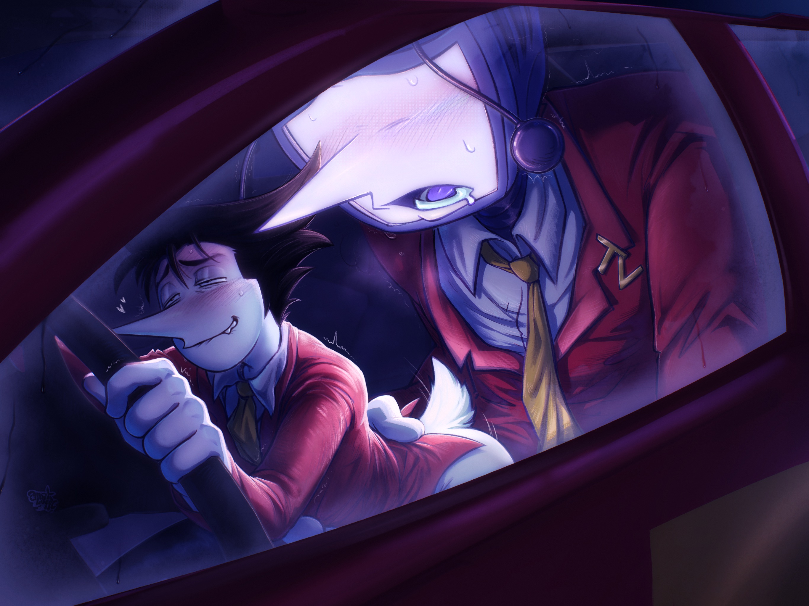 2boys, ambiguous penetration, angysecretlab, biting lip, black hair, blush, car, car interior, car sex, deltarune, deltarune chapter 3, doggy style, drool, drooling, eyes rolling back, gay, gay sex, holding waist, implied penetration, implied sex, no pants, object head, open mouth, partially clothed, robot, robot boy, shivering, short hair, size difference, spamtenna, spamton g spamton, suit, suit and tie, sweat, sweating, tail, tenna (deltarune), tv head, undertale (series), wagging tail, yaoi