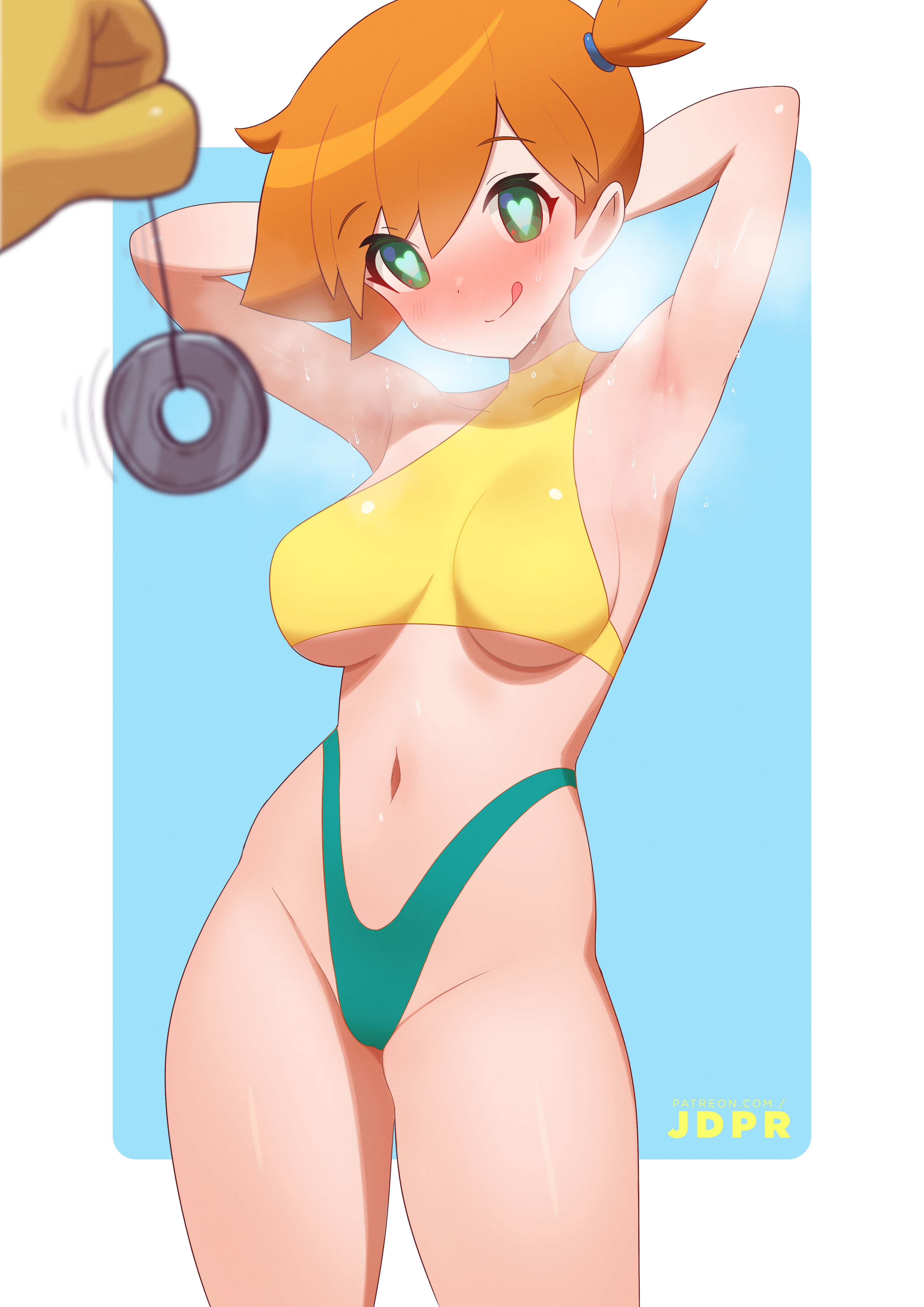 :q, ), armpits, arms behind head, arms up, asymmetrical hair, bikini, bikini bottom, bikini bottom only, blush, bodily fluids, breasts, closed mouth, clothing, coin, female, gen 1 pokemon, green bikini, green eyes, green swimsuit, hair tie, heart-shaped pupils, highleg, highleg bikini, highleg swimsuit, hypno, hypnosis, jdpr, kasumi (pokemon), large breasts, licking lips, looking at viewer, medium breasts, mind control, mismatched bikini, misty (pokemon), navel, orange hair, pantsu, pendulum, pokemon, pokemon (anime), pokemon (classic anime), pokemon (species), pokemon character, pokemon rgby, pokemon species, ponytail, presenting armpit, shiny skin, short hair, side ponytail, smile, solo focus, steaming body, stomach, sweat, swimsuit, symbol-shaped pupils, thighs, tied hair, tongue, tongue out, topless, underboob, underwear