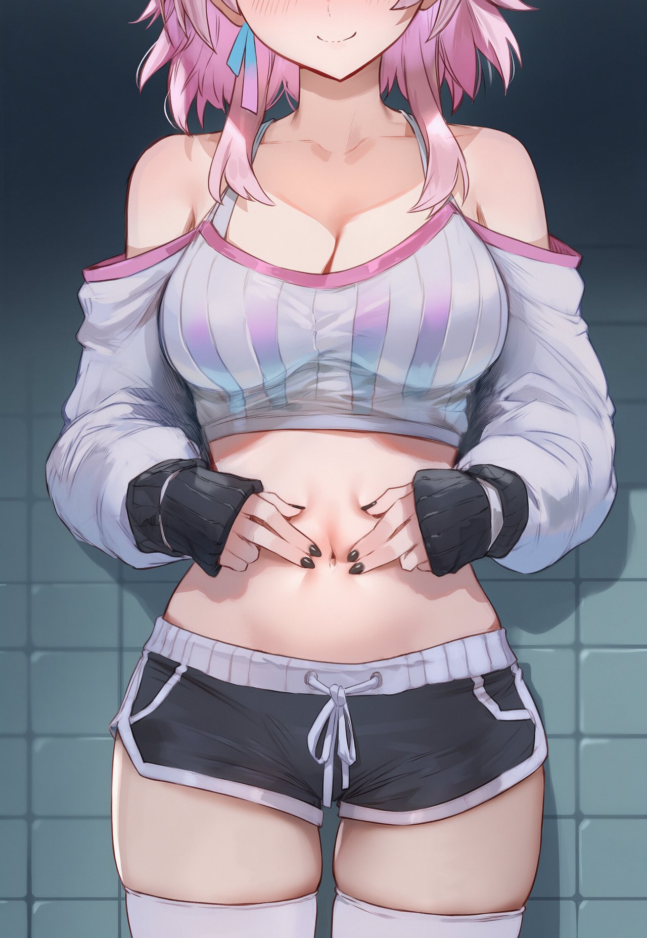 1girls, ai generated, belly, belly button, cleavage, crop top, exposed midriff, hands on belly, honkai: star rail, march 7th (honkai: star rail), midriff, navel, navel poke, navel spread, pink hair, shorts, thighs, tummy