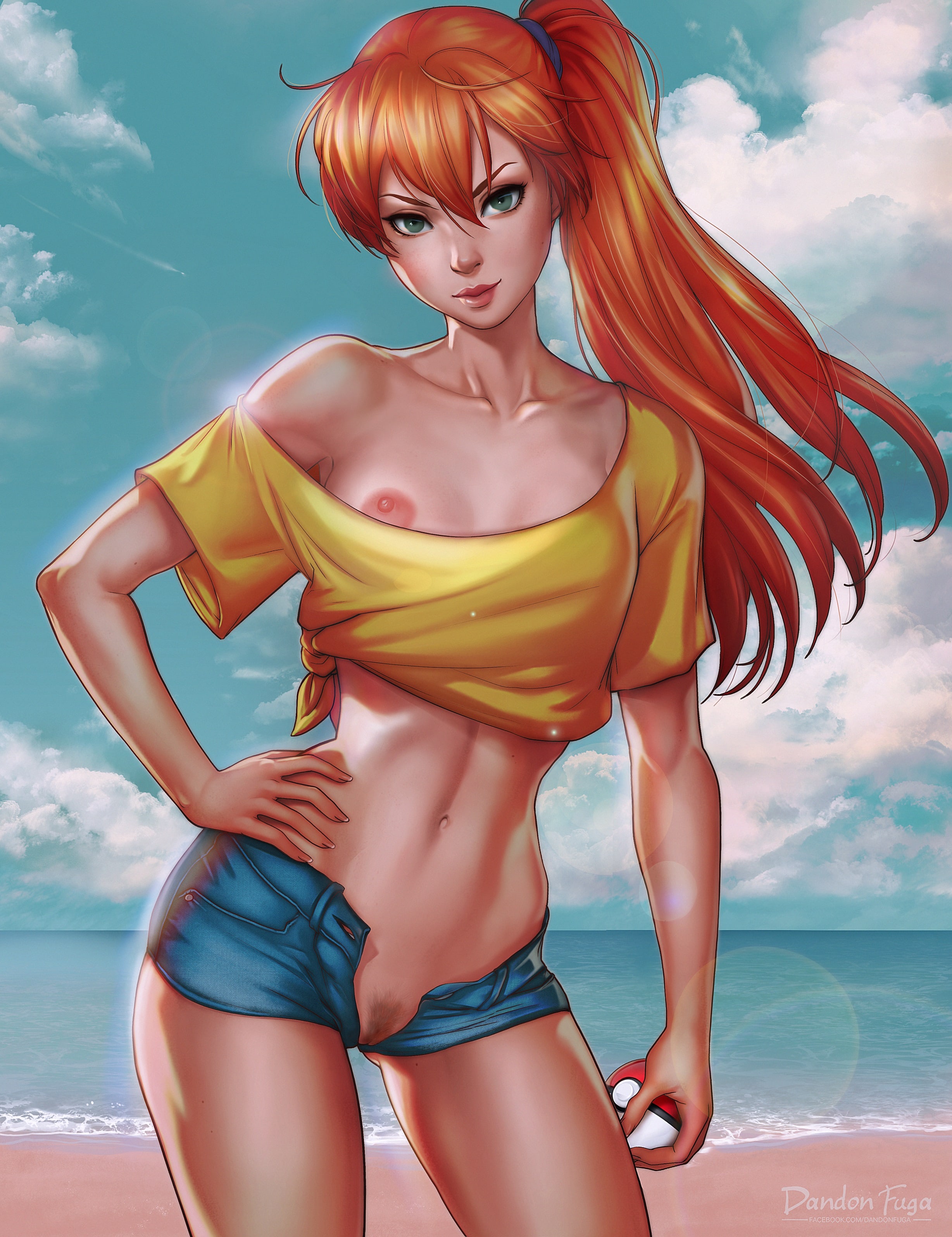 1girls, 2016, ass visible through thighs, beach, breasts, collarbone, contrapposto, cowboy shot, dandon fuga, denim, denim shorts, female, female only, green eyes, halterneck, hand on hip, hourglass figure, human, human only, kasumi (pokemon), lips, looking at viewer, midriff, nintendo, nipples, no panties, off-shoulder shirt, one breast out, open fly, poke ball, pokemon, pubic hair, pussy, red hair, shirt, shorts, side ponytail, small breasts, solo, tied shirt