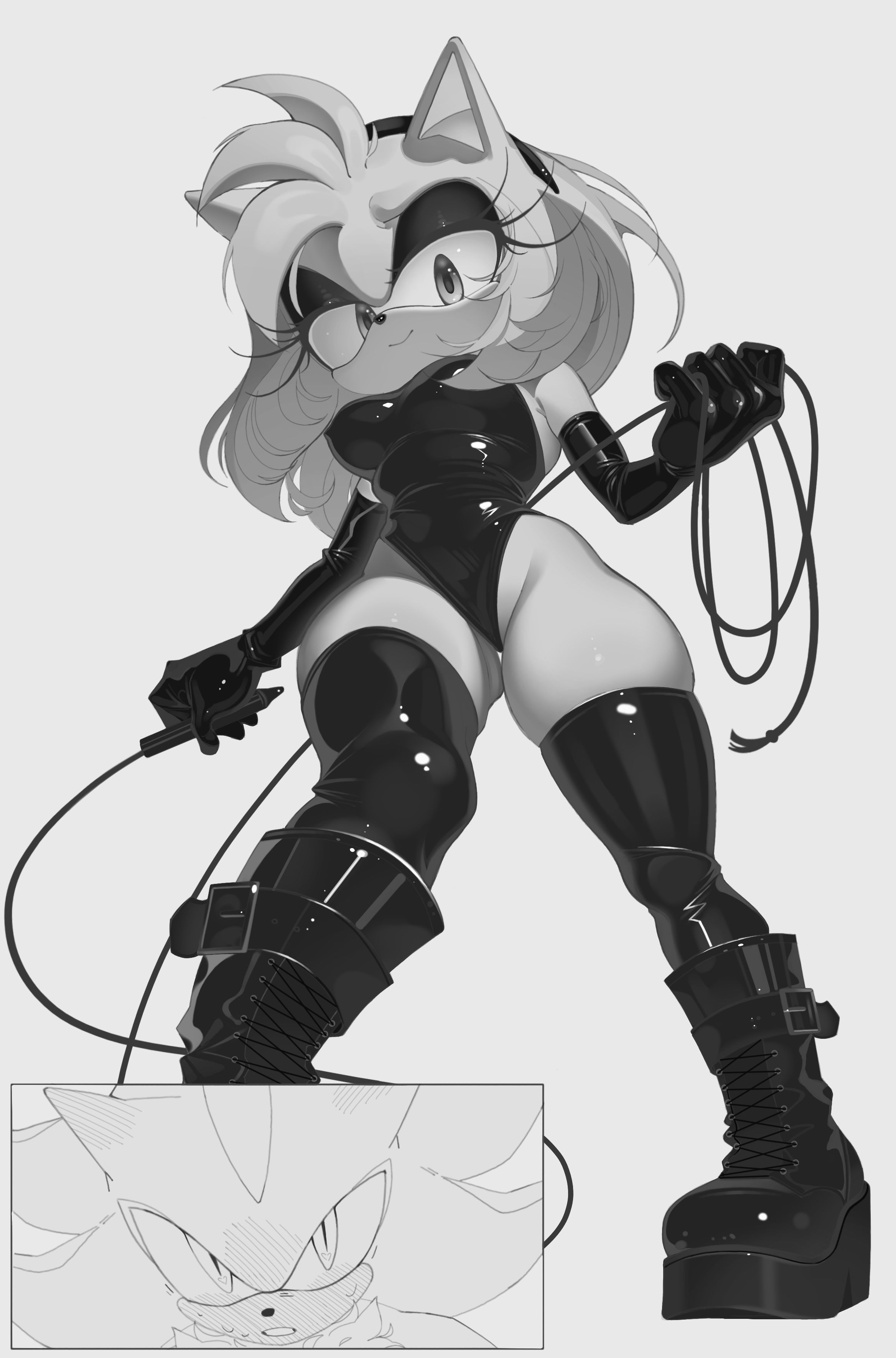 1boy, 1boy1girl, 1girls, 2025, amy rose, animal ears, anthro, bdsm gear, bdsm outfit, black and white, blush, blush lines, blushing male, blushing profusely, bondage, boots, breasts, clothed, clothed female, clothes, clothing, creamm cake, digital drawing (artwork), digital media (artwork), dominatrix, dominatrix outfit, eyelashes, eyelashes visible through hair, eyeshadow, female, female focus, greyscale, headgear, headwear, hedgehog, hedgehog boy, hedgehog ears, hedgehog girl, hedgehog humanoid, latex, latex armwear, latex clothing, latex gloves, latex legwear, latex thighhighs, looking at partner, looking down, looking up, male, male/female, mobian (species), monochrome, nipple bulge, rubber, rubber boots, rubber clothing, rubber gloves, sega, shadow the hedgehog, shiny clothes, shiny fur, shiny hair, simple background, smile, smiling at partner, solo focus, sonic (series), sonic the hedgehog (series), whip, white background