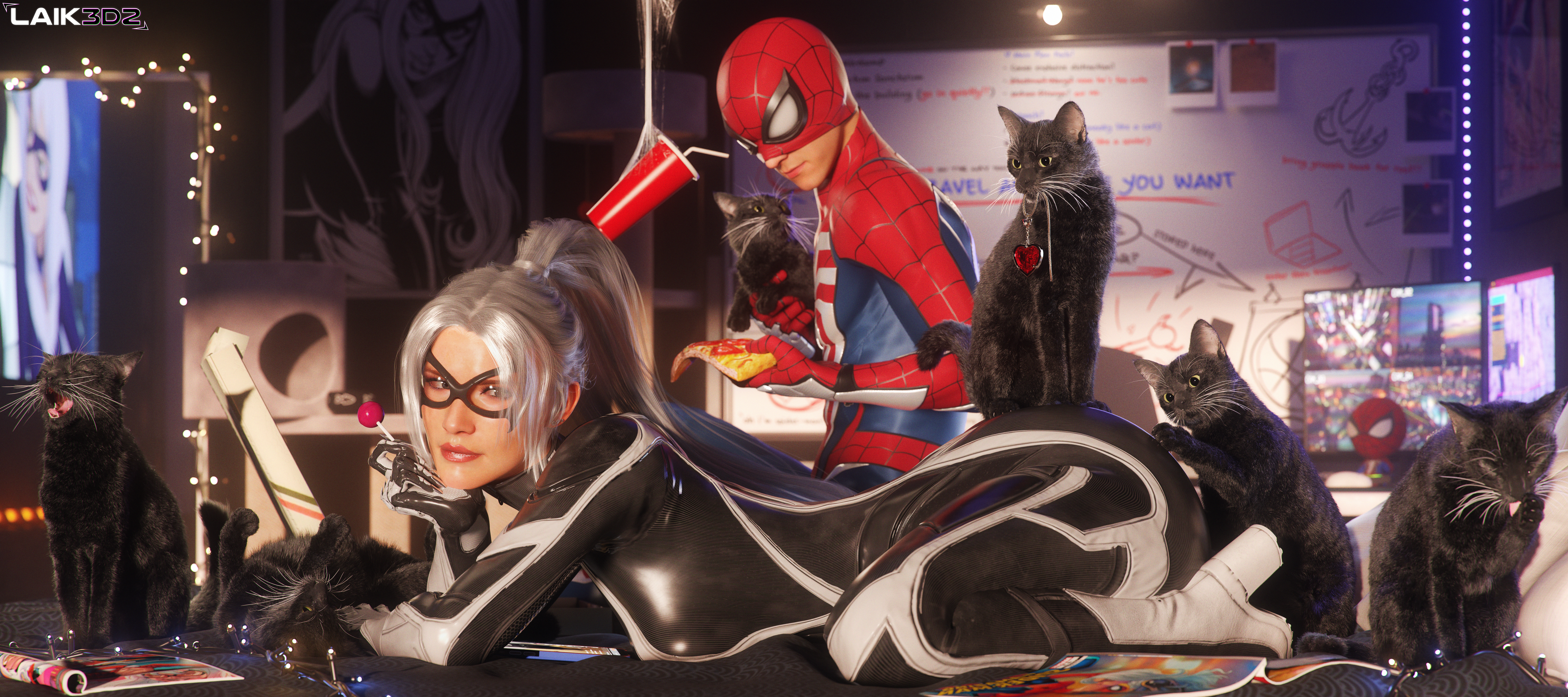 1boy, 1boy1girl, 1girl1boy, 1girls, 2025, 3d, 3d (artwork), alternate version available, bedroom, bent over, black cat (insomniac), black cat (marvel), bodysuit, cat pose, cats, couple, couple (romantic), couple love, couples, curvaceous, curvaceous body, curvaceous female, curvaceous figure, curvaceous hips, curvy, curvy body, curvy female, curvy figure, curvy hips, domestic cat, domino mask, drink, eyemask, felicia hardy, high quality, high resolution, highres, hips, insomniac games, itslaiknsfw, laik3d, laik3d2, laiknsfw, light skin, light-skinned female, light-skinned male, lolipop, love, lovers, marvel, marvel comics, mask, masked, masked female, masked male, peter parker, pizza, ponytail, red lipstick, relaxing, romantic, romantic couple, room, seductive, seductive look, seductive pose, shiny, shiny clothes, shiny skin, shiny thighs, skin tight, spider-man, spider-man (insomniac series), spider-man (insomniac), spider-man (series), straight, suit, superhero, superhero couple, superheroine, thick, thick hips, thick thighs, thighhighs, tight clothes, tight clothing, voluptuous, voluptuous female, white hair, wide hips