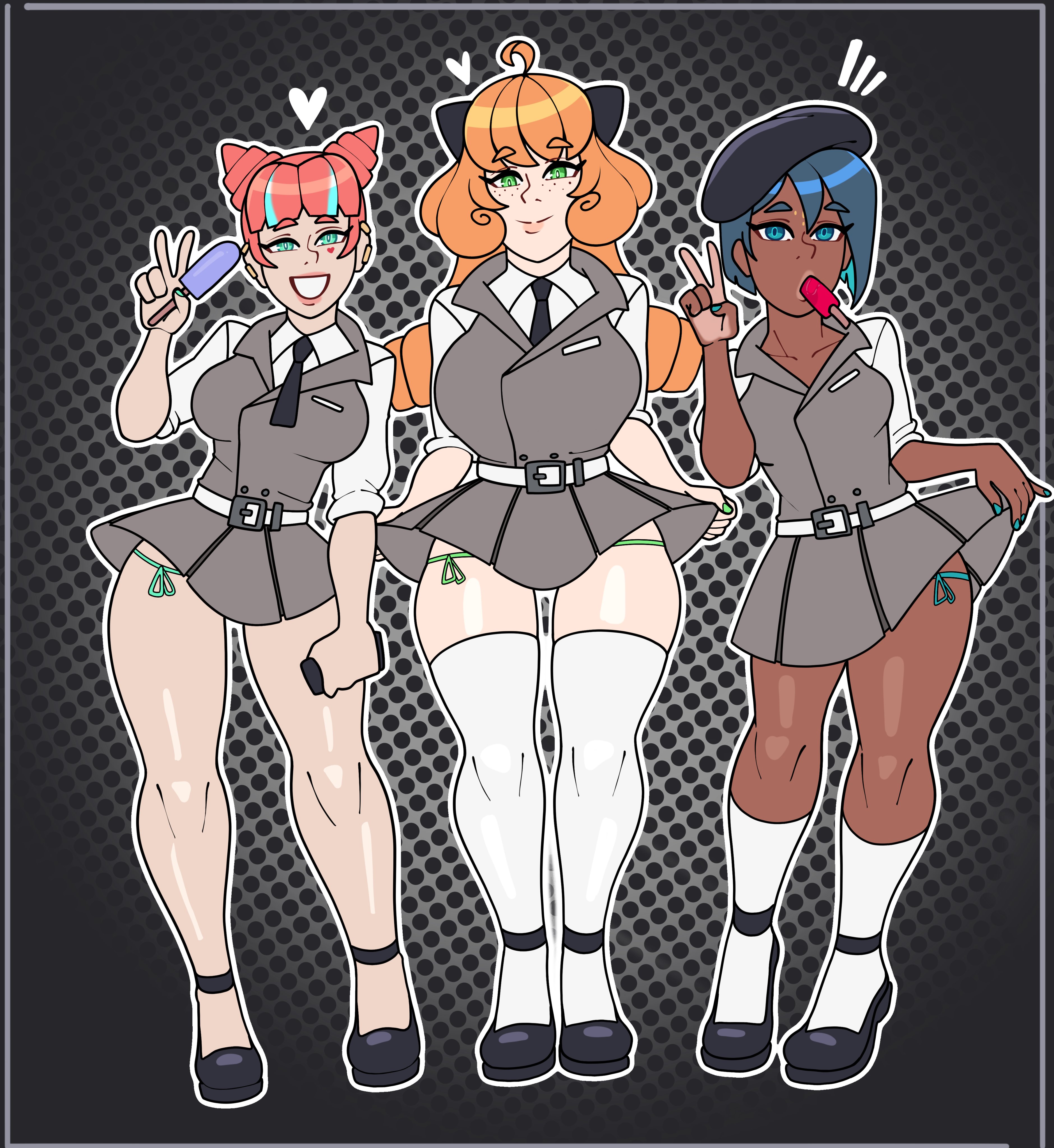 catgirl, ciel soleil, dark-skinned female, ginger hair, neon katt, owl pie, penny polendina, rwby, schoolgirl uniform