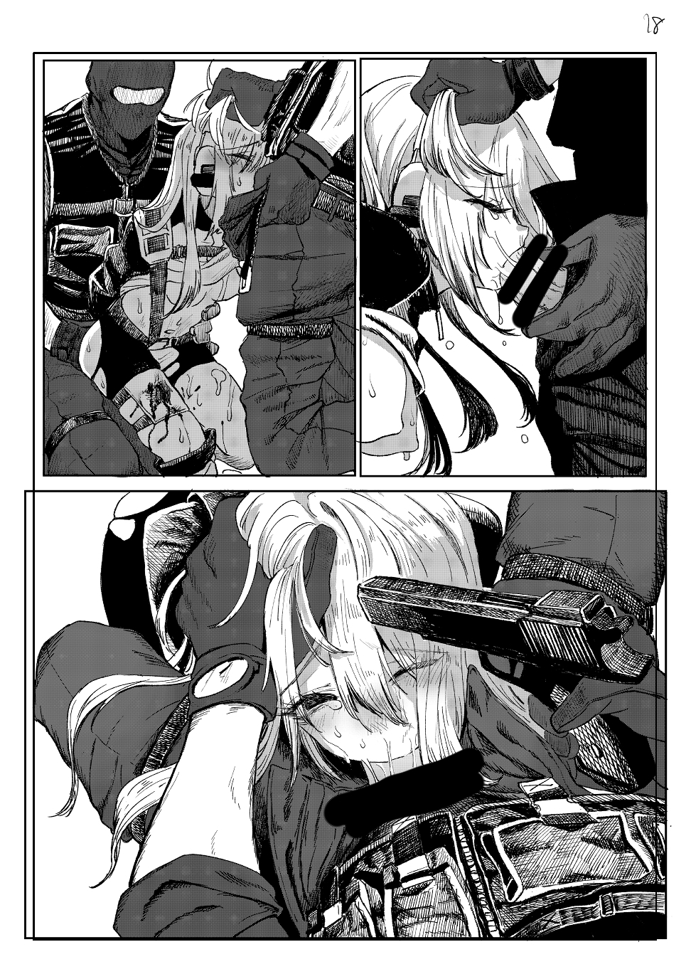 at gunpoint, blowjob, dormicum, hair grab, machina anderson, one eye closed, rape, red hod, shirt lift, torn bike shorts
