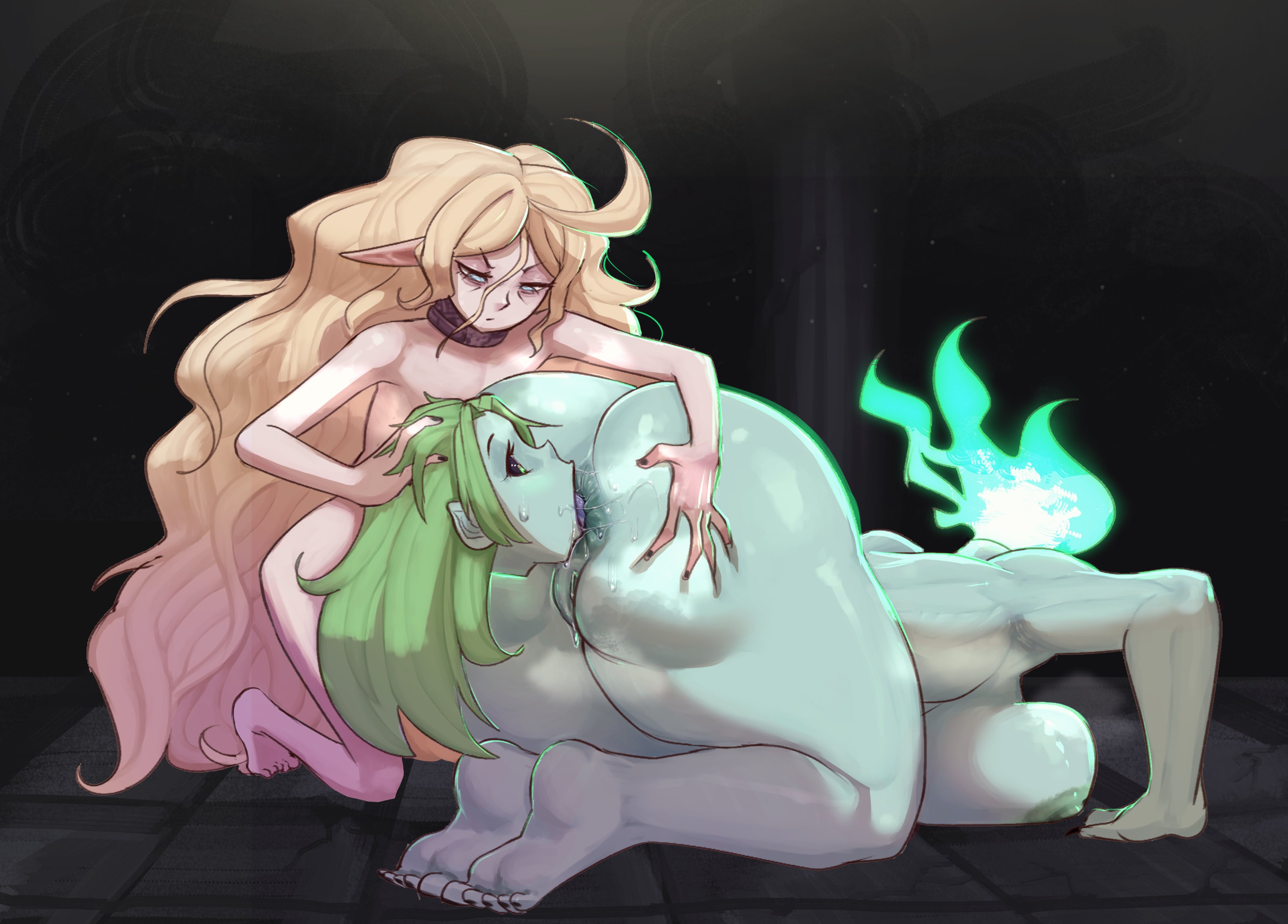 2girls, ahoge, anilingus, anus, areolae, autorimming, black sclera, blonde hair, blue eyes, boobs, breasts, collar, dddoodles, dianne (le wizard0), dullahan, elf, elf ears, elf female, elf girl, fat ass, female, fire, green body, green eyes, green fire, green skin, licking ass, lynn (dddoodles), nipples, pussy, rimming, simple background, thin, thin female