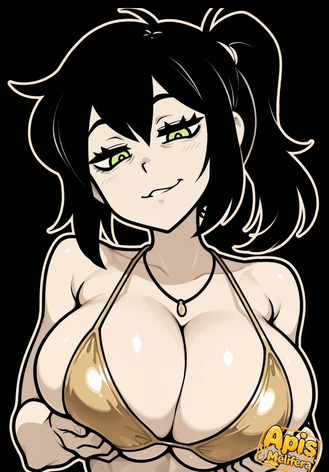 1girls ai_generated artist_name bikini black_hair breasts child_bearing_hips cleavage gold_bikini green_eyes hi_res large_breasts mature mature_female mature_woman medium_hair navel necklace parted_lips ponytail pose posing renee_graves seductive seductive_look seductive_smile self_fondle sensual sexy sexy_pose sideboob smile teeth the_coffin_of_andy_and_leyley thong_bikini toned voluptuous