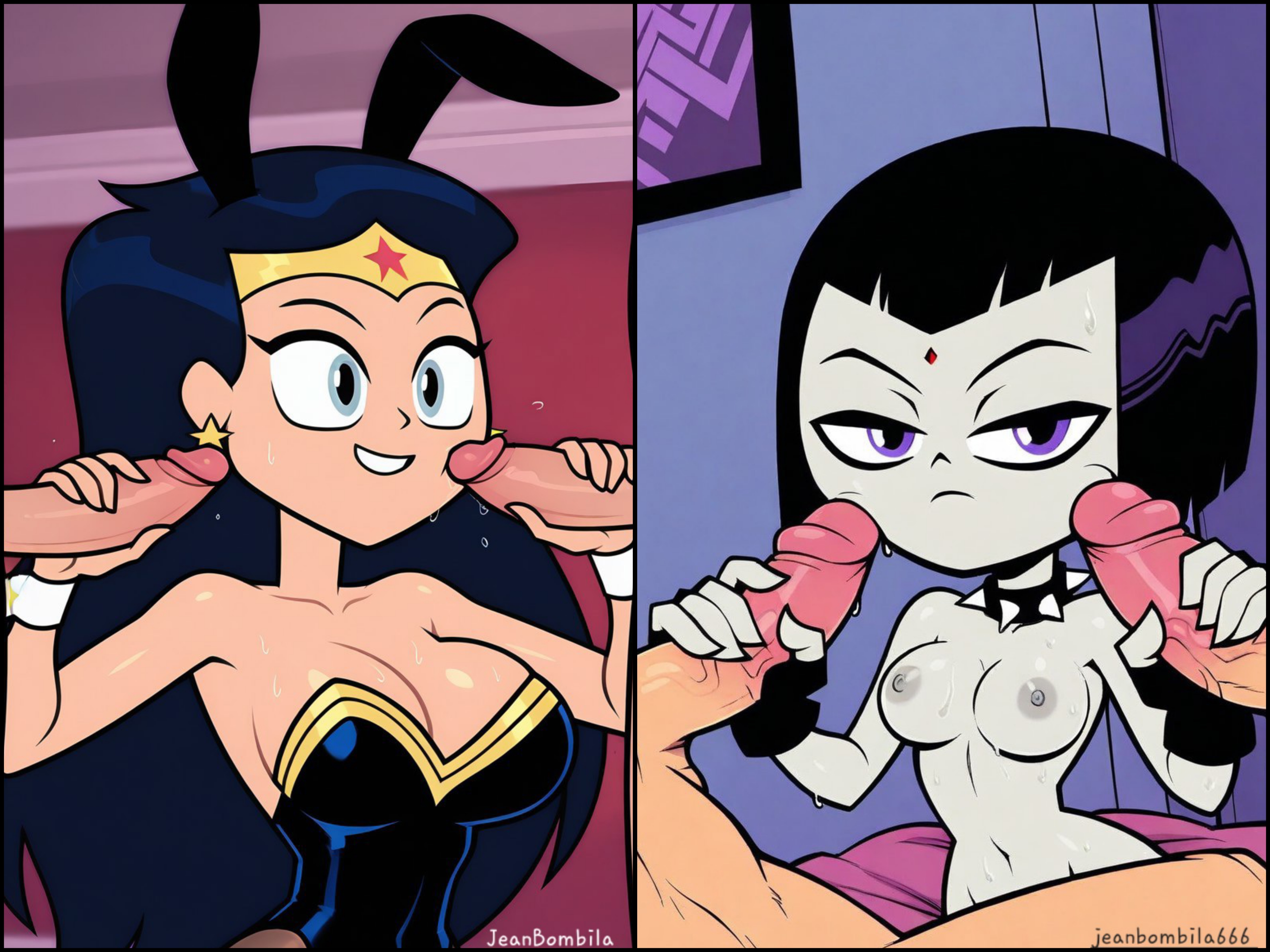 ai generated, big breasts, bunny ears, bunny girl, bunnysuit, dc, dc comics, double handjob, female, goth, goth girl, handjob, jeanbombila666, male, masturbation, raven (dc), teen titans, teen titans go, wonder woman, wonder woman (series)