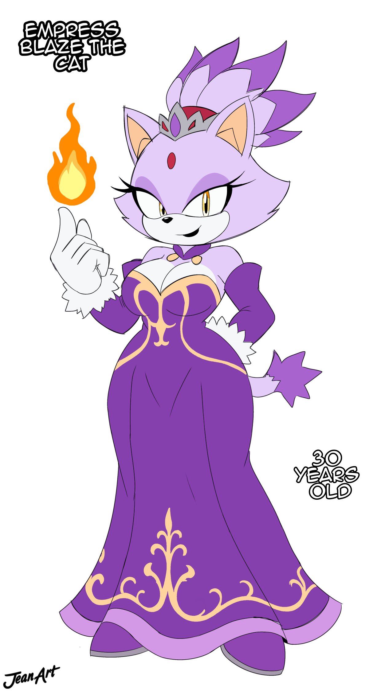 1girls, artist name, blaze the cat, dress, fire, fully clothed, hourglass figure, jeanart, princess, princess dress, pyrokinesis, sfw, slim waist, sonic (series), stated age, wide hips