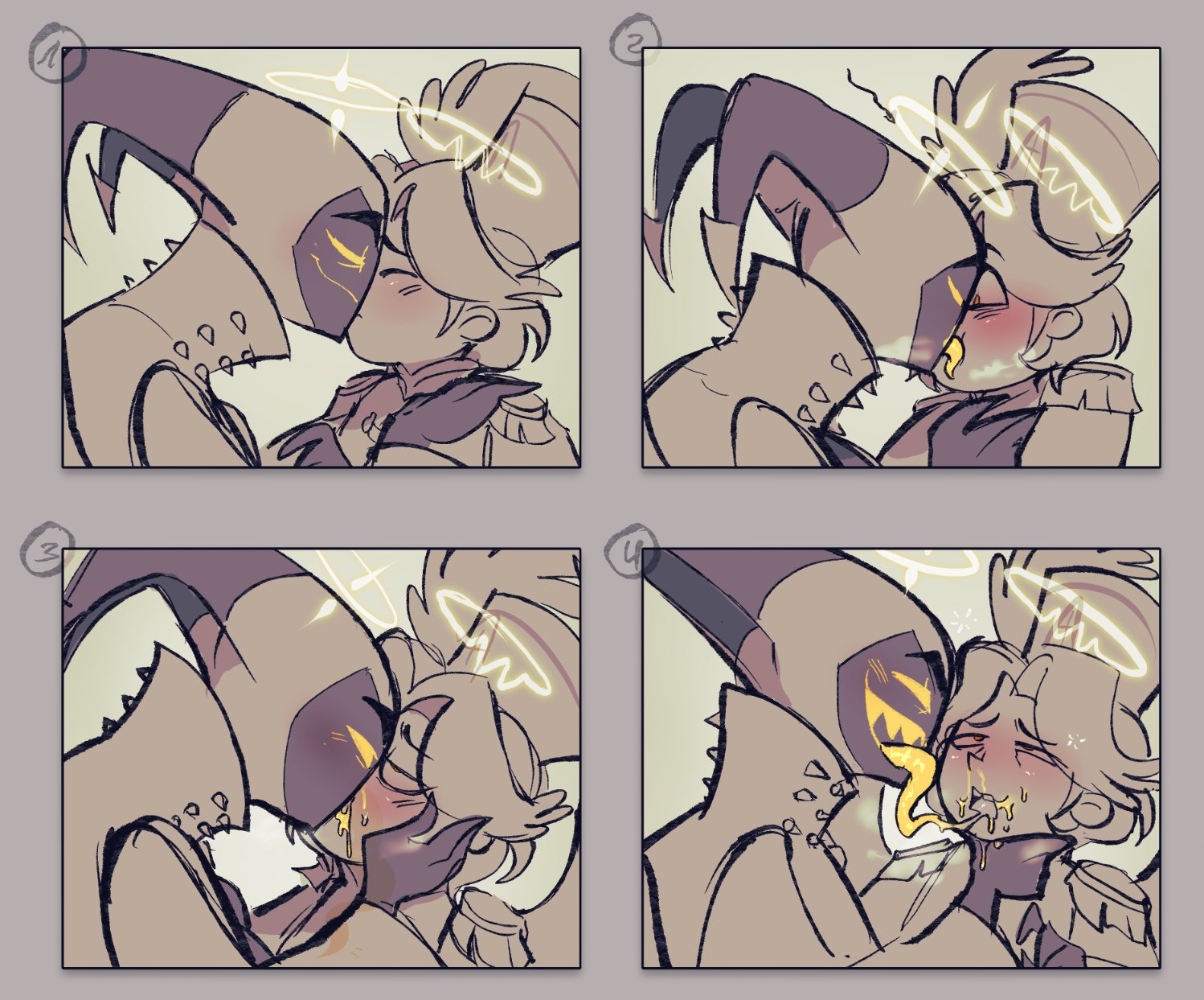 2boys, abel (hazbin hotel), adam (hazbin hotel), angel, blush, choking, father and son, gay, halo, hazbin hotel, incest, kissing, making out, male, male only, male/male, reverentdeity, saliva, saliva trail, yaoi