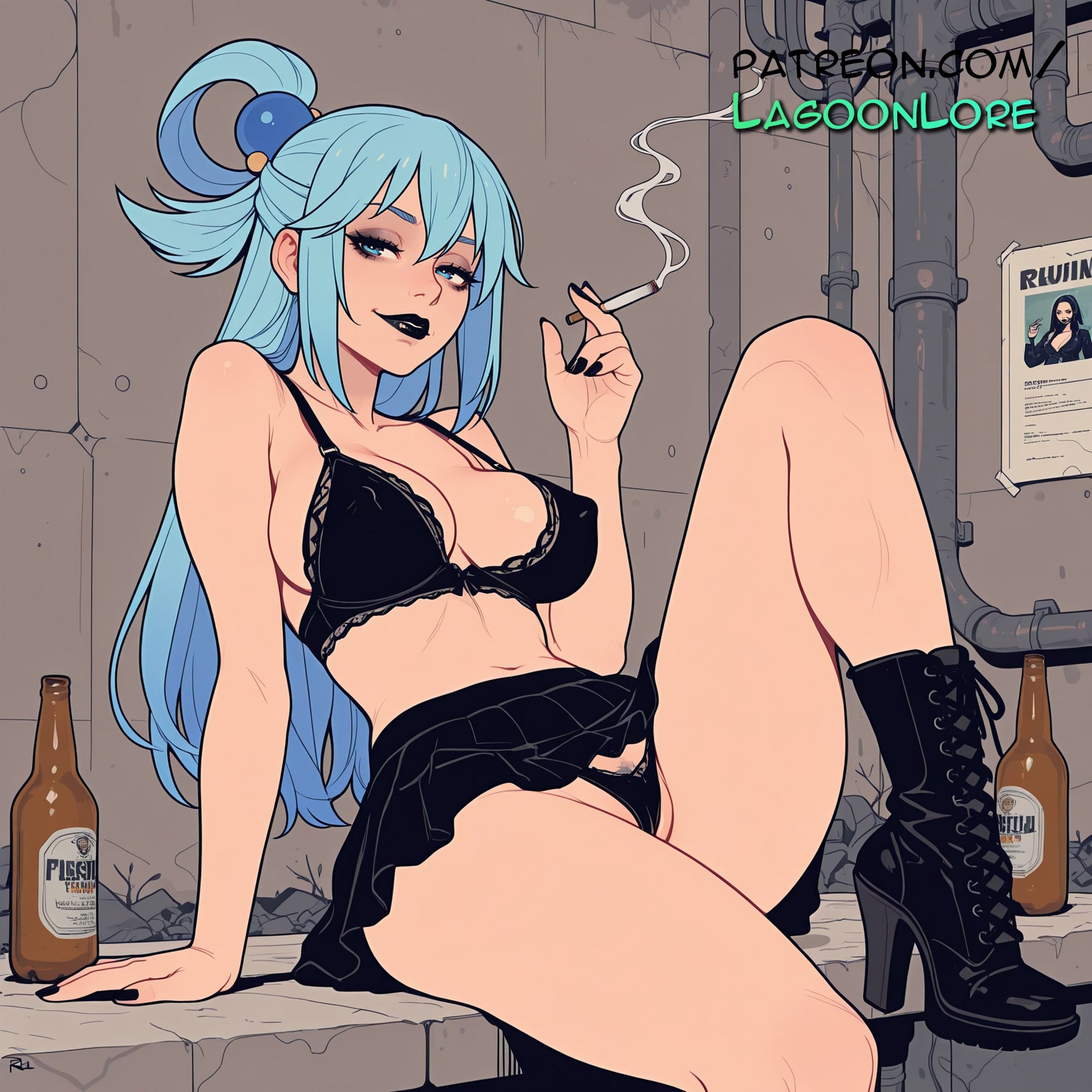 2025, ai generated, alcohol, arm support, artist name, beer, beer can, big breasts, big chest, black bra, black footwear, black panties, blue eyes, blue hair, blue nails, boots, bottle, bra, breast, breasts, bust, busty, can, chest, cigarette, drunk, female, hair bobbles, hair ornament, hair rings, hi res, high heel boots, high heels, high quality, high resolution, highres, holding bottle, holding cigarette, lagoonlore, large breasts, long hair, looking at viewer, nail polish, panties, patreon, patreon username, sitting, skirt, smoke, smoking, solo, stable diffusion, underwear, watermark, whiskey