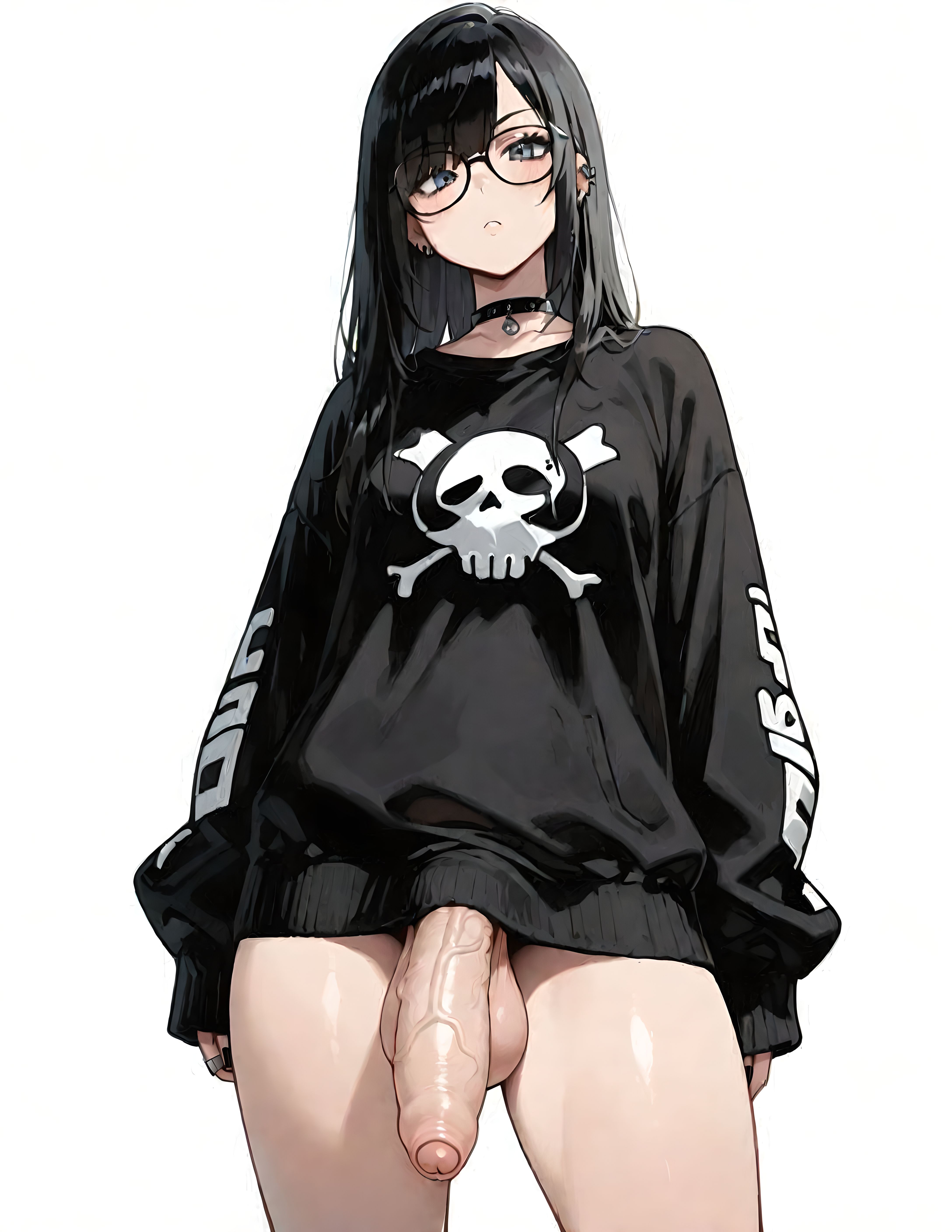ai generated, big breasts, big penis, emo, futanari, goth, goth futa, imminent fellatio, imminent oral, looking at viewer, pent up, thick legs, throbbing penis