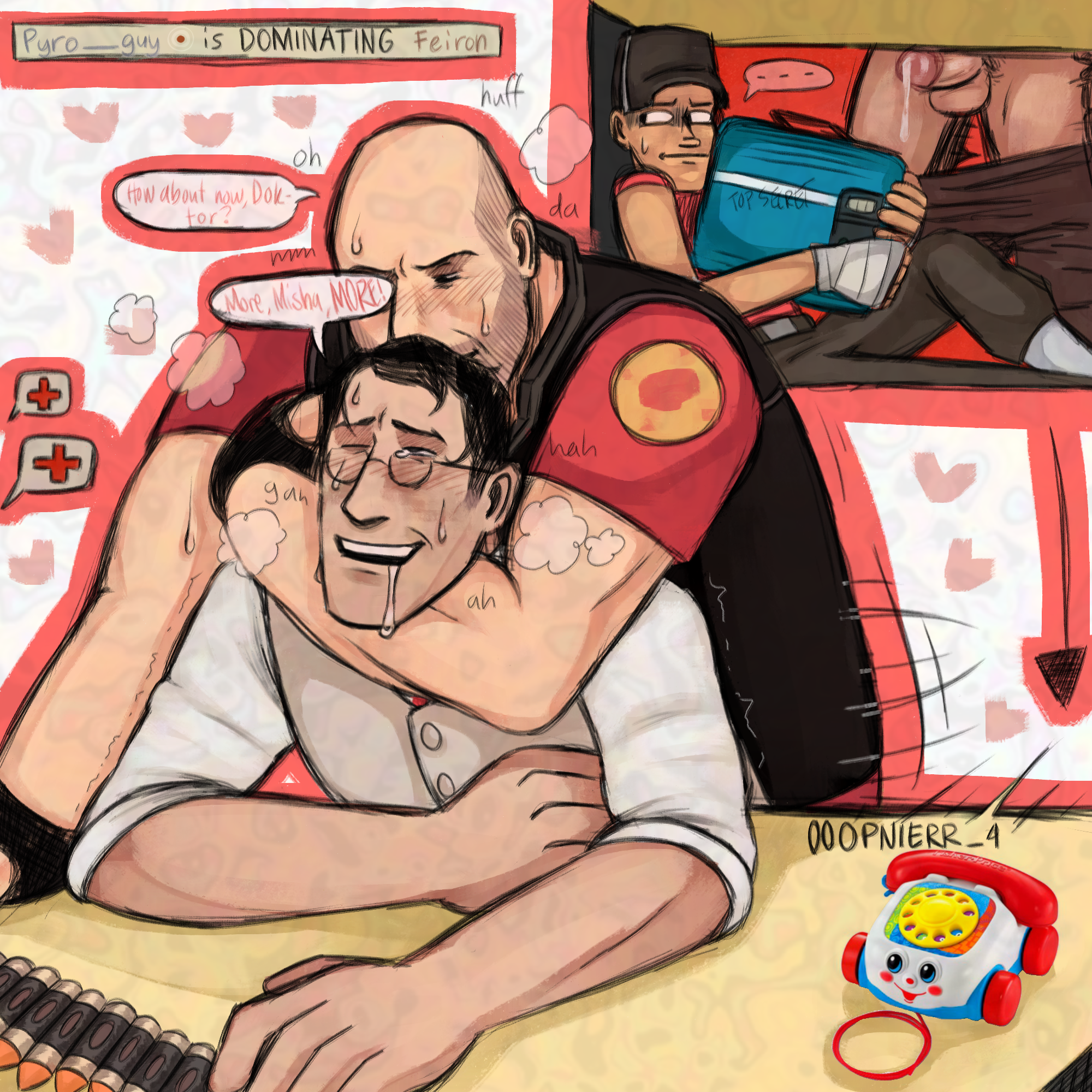 00opneirr 4, 2fort, 3boys, ahe gao, anal, anal sex, artist name, asking for it, bald, blush, breath, breath cloud, choke hold, choking, drooling, erect penis, flabbergasted, flashing penis, forced to watch, from behind, fucked from behind, fucked into submission, gay, gay sex, glasses, happy sex, headlock, heavy (team fortress 2), heavy weapons guy, hiding, human, human on human, human only, light skin, light-skinned male, male, male only, male/male, medic (team fortress 2), open mouth, penetration, penetration from behind, penis, penis in anus, precum drip, rolling eyes, scout (team fortress 2), self-upload, sex, sex from behind, sitting, submissive male, sweat, sweating, talking, team fortress 2, telephone, thrusting, top heavy, voyeur, yaoi