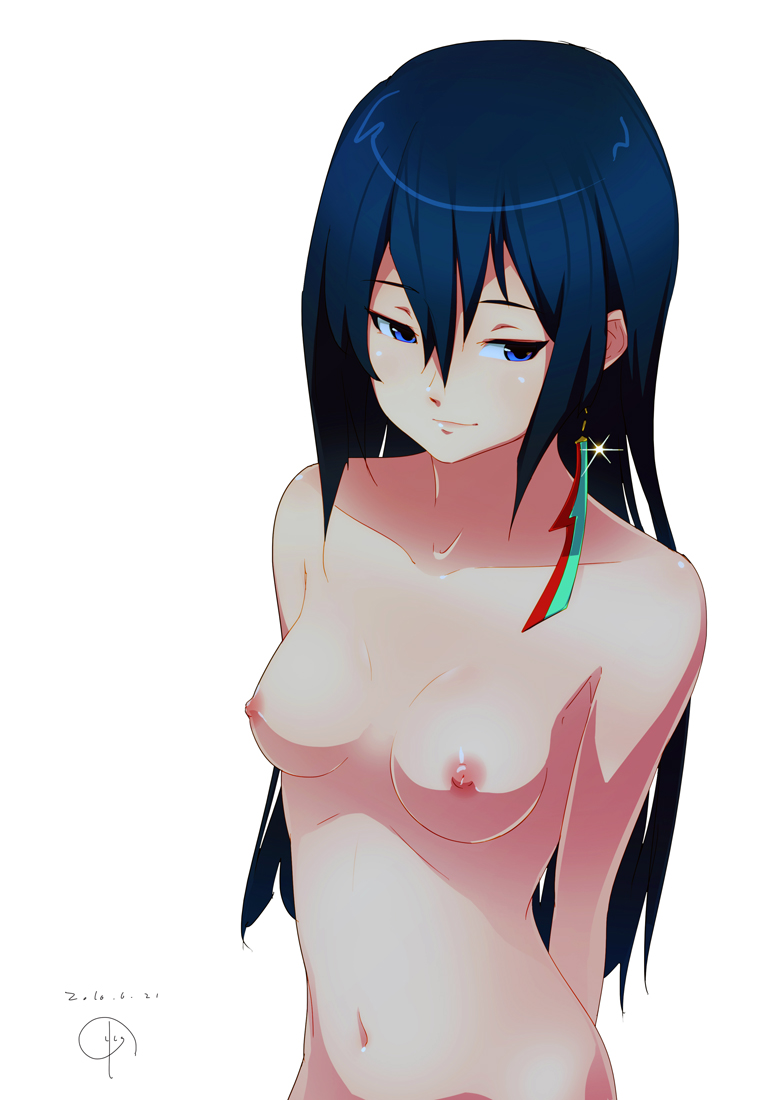 1girls 4690_(tkpbsk) arms_behind_back blue_eyes blue_hair breasts collarbone dated earrings female female_only ferumi human jewelry light-skinned_female light_skin long_hair looking_away medium_breasts navel nipples nude signature simple_background smirk solo white_background zoids zoids_genesis