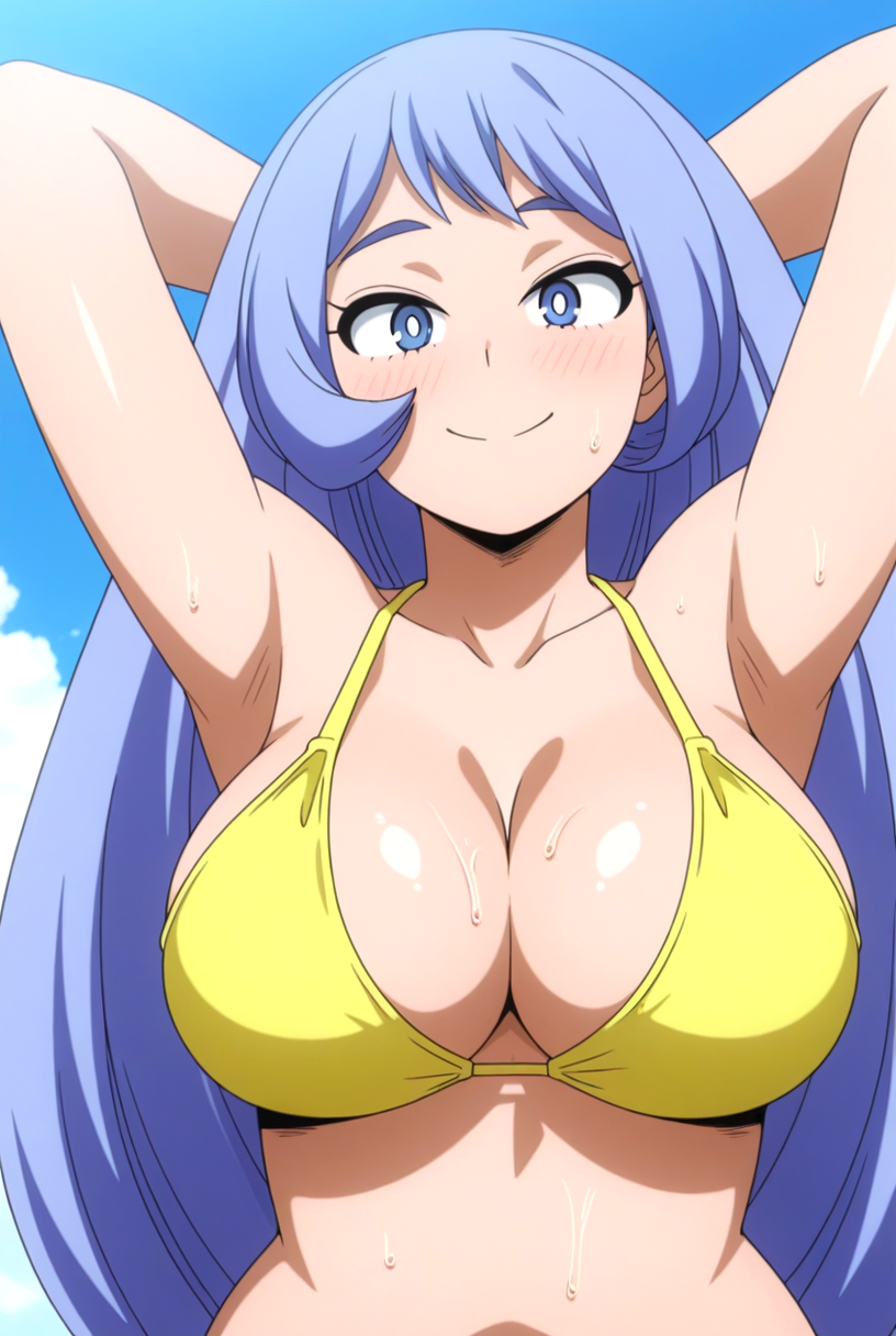 1girls, ai generated, armpits, arms behind back, arms behind head, arms up, big breasts, bikini, blue hair, blue-haired female, looking at viewer, my hero academia, nejire hado, pov, solo, solo female