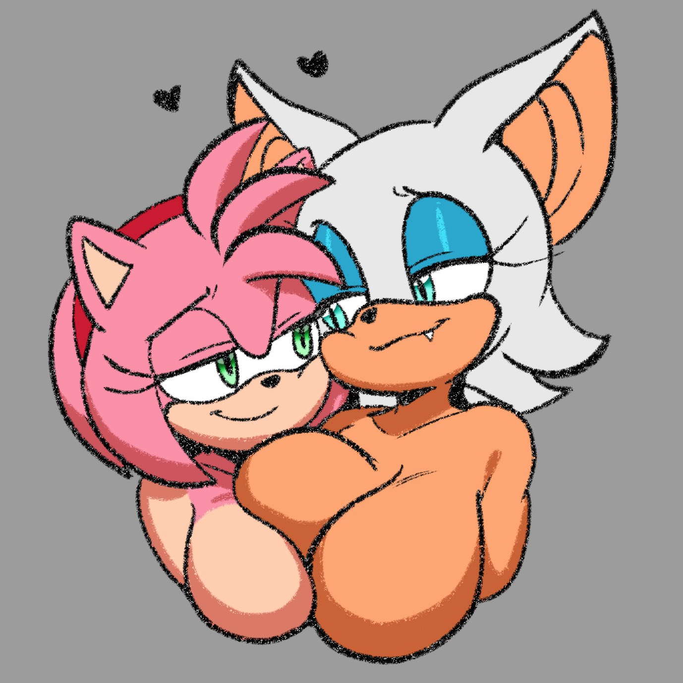 amy rose, breasts, eyelashes, green eyes, grey background, hair accessory, half-closed eyes, heart, no, oerba yun fang, pink hair, raijinoni, rouge the bat, sega, simple background, smiling, smiling at another, sonic (series), sonic the hedgehog (series), yuri