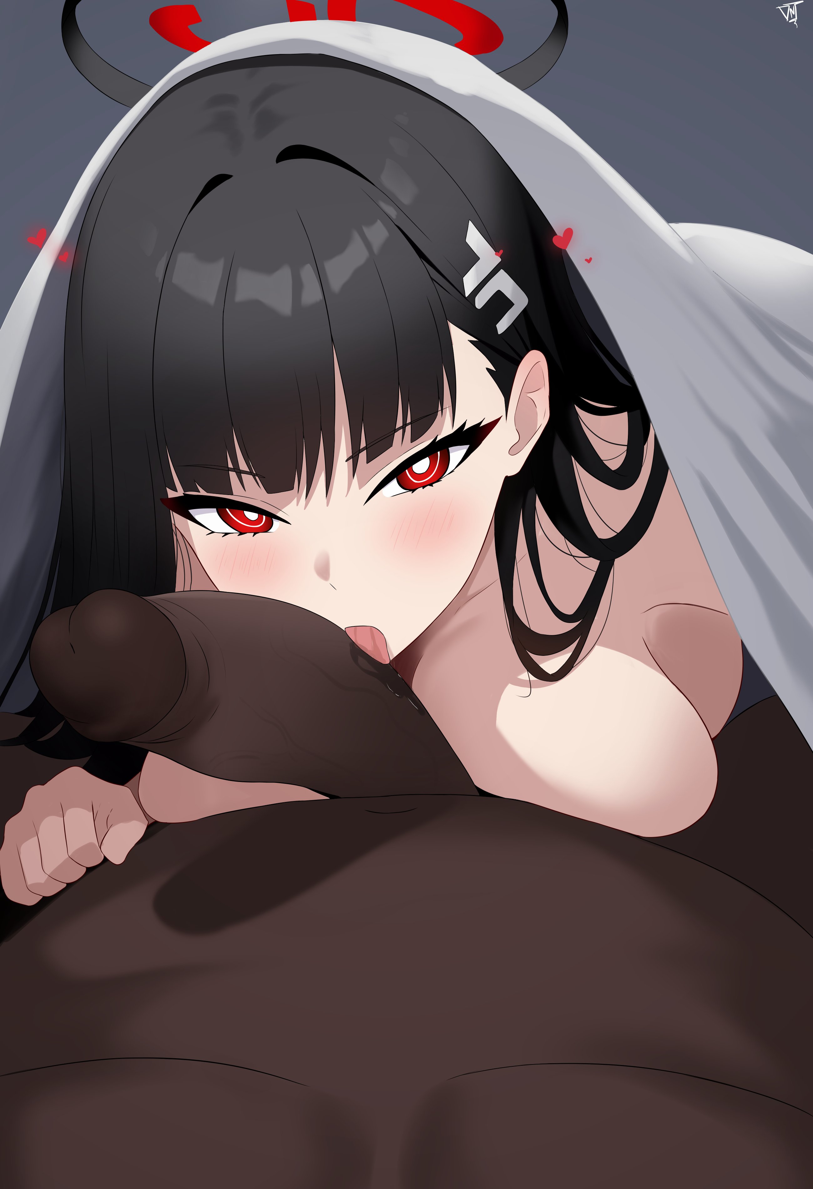 1boy, 1girls, bed sheet, big penis, black hair, blowjob, blue archive, blunt bangs, blush, breast press, breasts, bright pupils, completely nude, completely nude female, dark hair, dark skin, dark-skinned male, erection, eyelashes, fellatio, female focus, female/male, hairless penis, halo, interracial, licking, licking penis, light skin, light-skinned female, long hair, looking at viewer, lord dante, male pov, medium breasts, millennium science school student, naked, naked female, naked male, oral, oral sex, partial male, pov, pov blowjob, pov crotch, queen of spades, red eyes, rio (blue archive), seminar (blue archive), sex, shaved crotch, snowbunny, tounge out, under blanket, under covers, under sheets, white pupils, worship