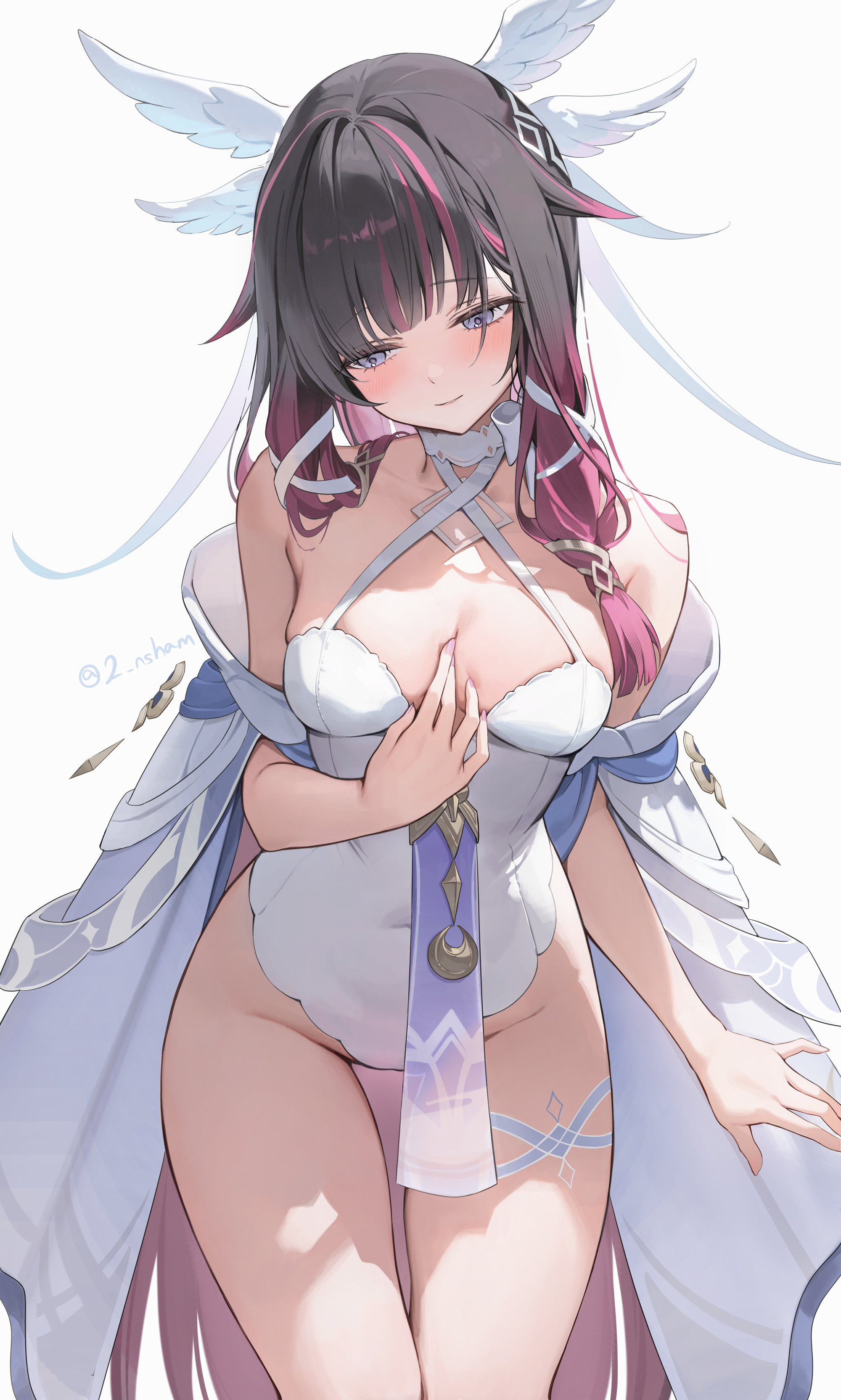 2sham, arm at side, blush, closed mouth, columbina (genshin impact), genshin impact, hand between breasts, large breasts, leotard, open eyes, pink nails, smile, thick thighs, thighs, unmasked, wide hips