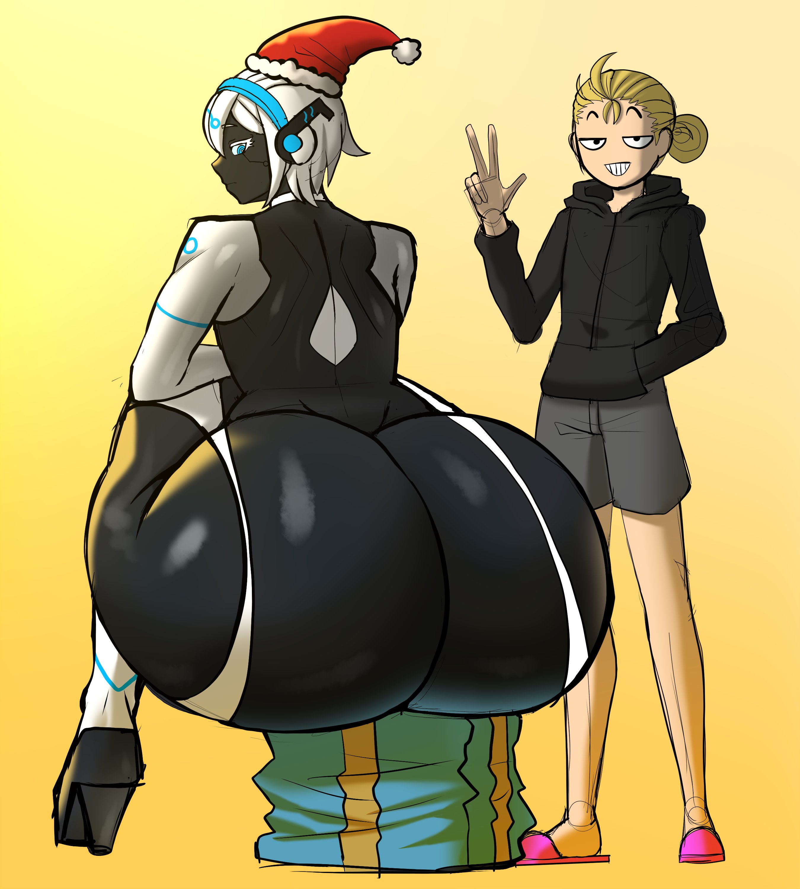 1boy, 1femboy, babyhunt4, big ass, big ass (male), big butt, black body, da ra ra ra, dark skin, dark-skinned femboy, dark-skinned male, dark-skinned sissy, dark-skinned twink, femboy, femboy focus, huge ass, huge butt, male, male focus, n.i.o (da ra4 ra ra), robot