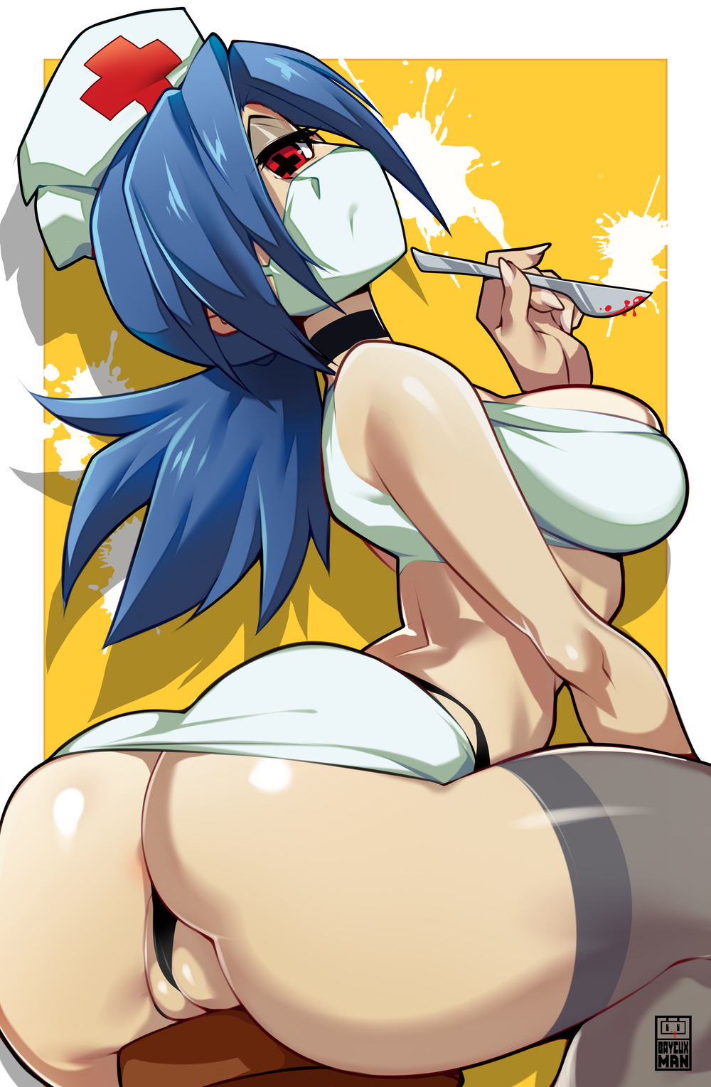 1girls, ass, bayeuxman, big ass, big breasts, blue hair, eyewear, face mask, female, female only, gloves, hair, handwear, hat, headwear, looking back, nurse hat, one eye obstructed, red eyes, skullgirls, solo, solo female, tied hair, valentine (skullgirls)