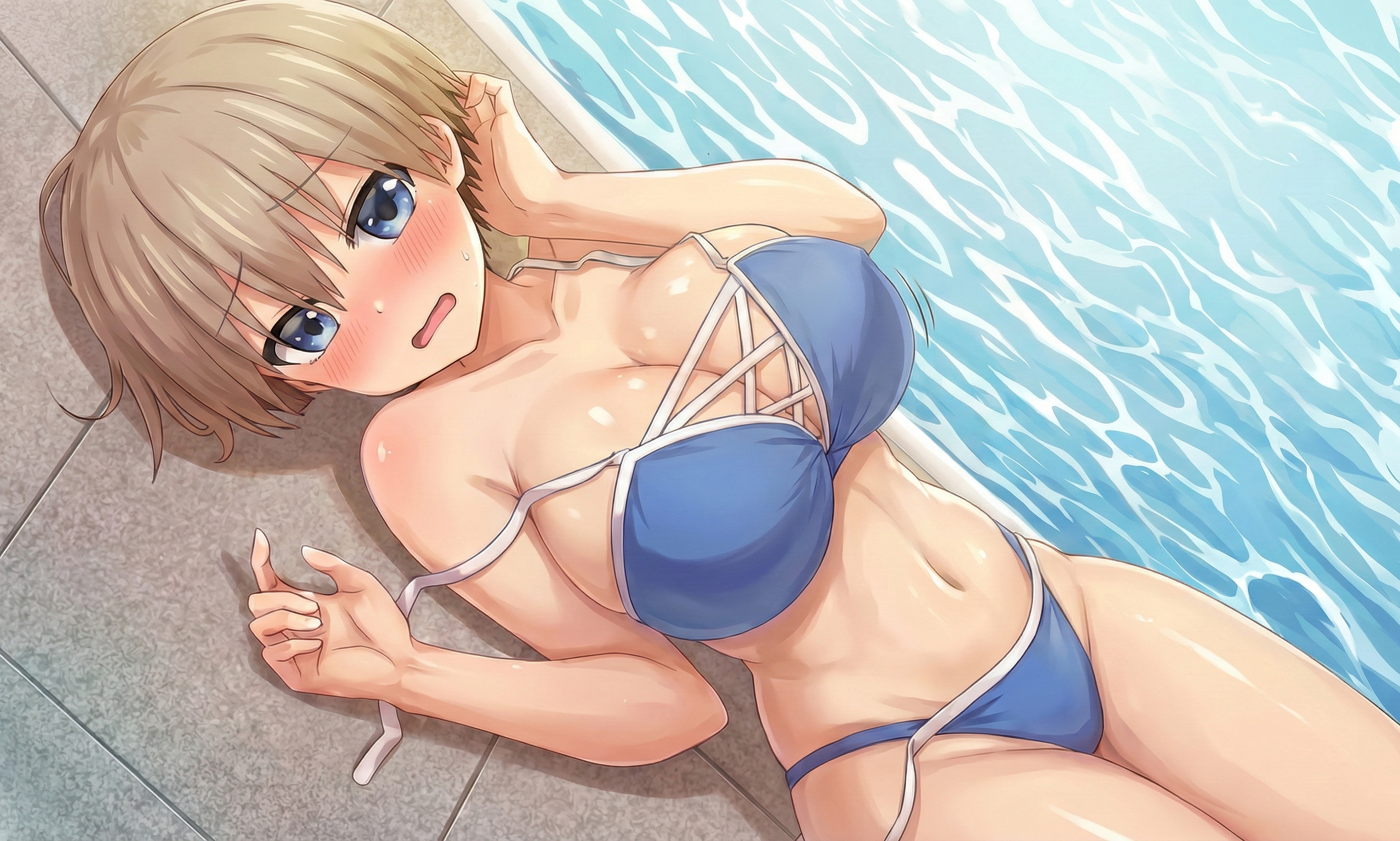 1girls, artist name:, big ass, big breasts, bikini, female, female only, huge breasts, lying, lying on back, pool, reloking, shy, solo, solo female, swimsuit, uzaki hana, uzaki-chan wa asobitai!