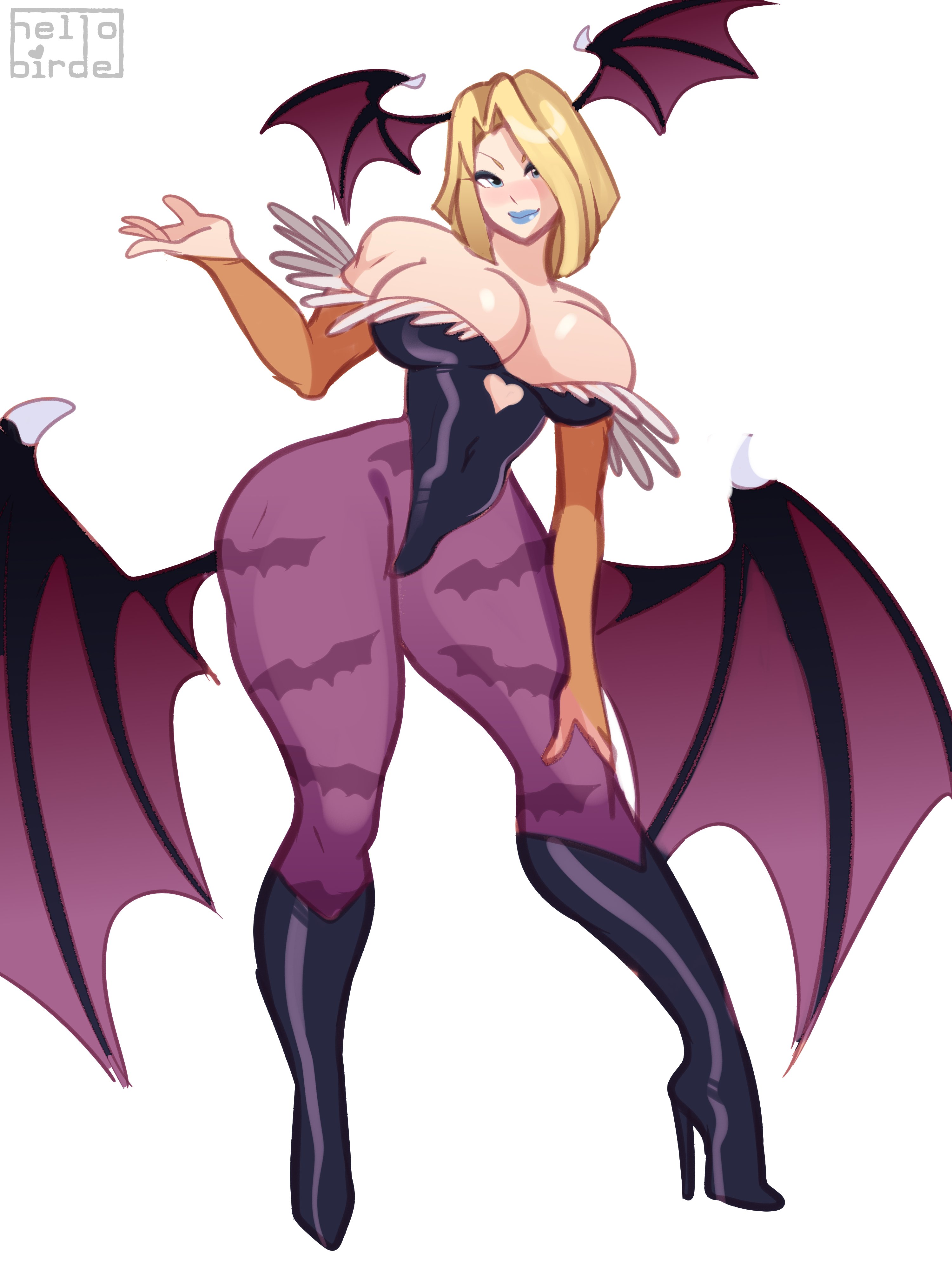 1girls, 3:4, animal print, bat print, big breasts, black boots, black heels, black high heel boots, black high heels, black leotard, blonde hair, blue eyes, boots, breasts, cleavage, cosplay, darkstalkers, emma frost, emma frost (marvel rivals), female, female only, head wings, heels, hellobirde, hi res, high heel boots, high heels, highres, huge breasts, large breasts, leotard, marvel, marvel rivals, morrigan aensland (cosplay), short hair, smile, thighs bigger than head, wings, x-men