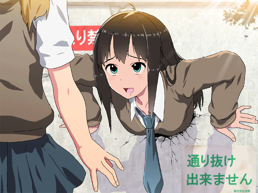 2girls, animated, blue eyes, breasts, brown hair, female, female only, imminent rape, kabe ni hamatte ugokenai!, kabe ni hamatte ugokenai! 3, miniskirt, necktie, nighthawk (circle), open mouth, small breasts, solo focus, sweater, tagme, through wall, yuri