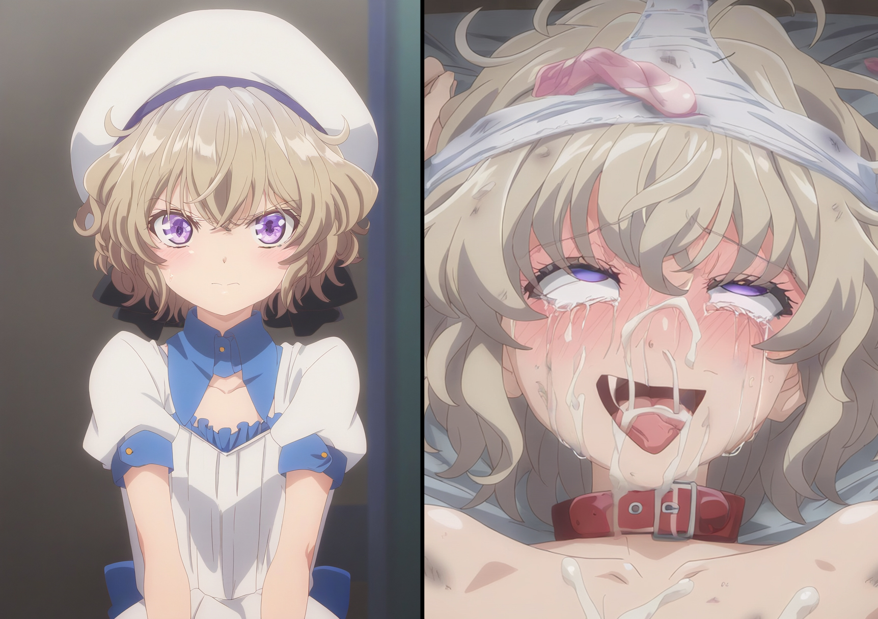 ahe gao, ai generated, blonde hair, collar, cum on face, iwanaga kotoko, kichiku-sensei, kyokou suiri, panties on head, purple eyes, white panties