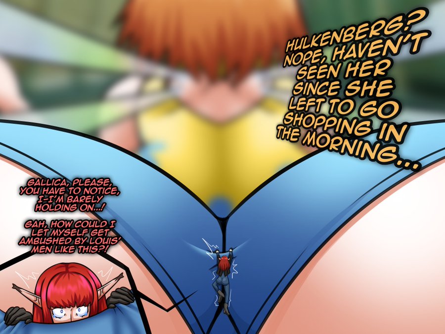 2025, 2d, 2girls, ass, atlus, clothed, clothes, clothing, color, colored, colored text, dialogue, digital media (artwork), english text, extreme micro, extreme size difference, fairy, fairy wings, female, female only, gallica, hulkenberg, light skin, light-skinned female, metaphor: refantazio, micro, micro female, noelle-and-hannah, orange hair, pointy ears, red hair, sega, shrinking, shrunk, shrunken female, size difference, stuck between ass, text