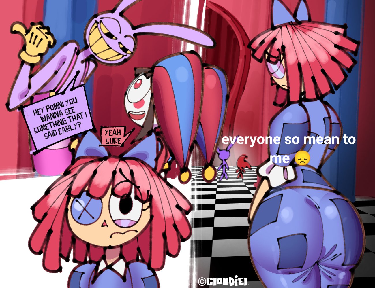 2025, 2girls, 2girls1boy, anthro, anthro male, ass, ass in dress, big ass, big butt, bunny, bunny boy, closed eyes, cloudiel, comedy, dialogue, emoji, everyone is so mean 2 me, female, female focus, funny, furry, furry male, glitch productions, huge ass, huge butt, humor, jax (the amazing digital circus), jester hat, large ass, large butt, male, meme, meme reference, pomni (the amazing digital circus), ragatha (the amazing digital circus), sad, smiling, the amazing digital circus, thick ass