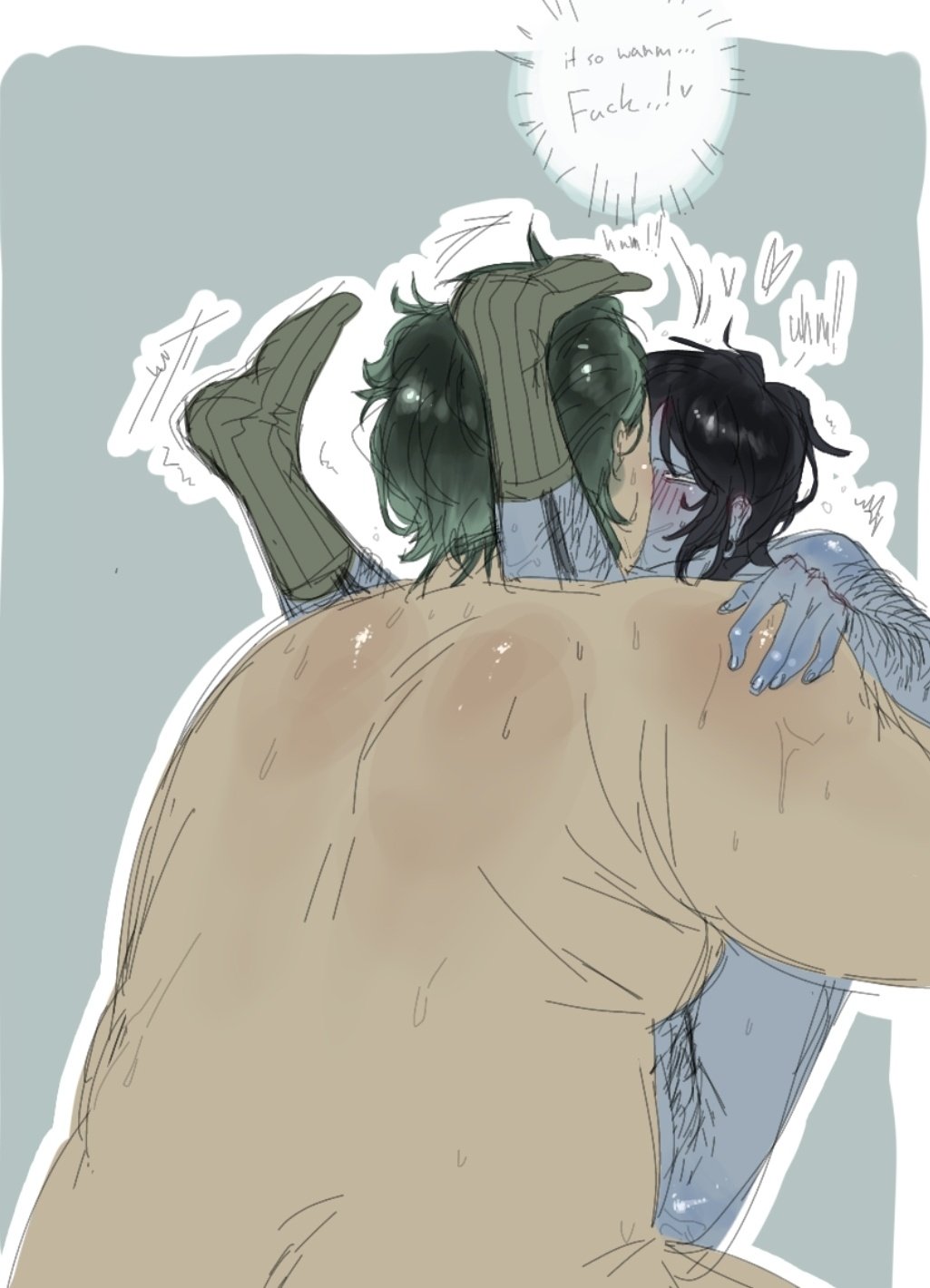 2boys, blue skin, body hair, coat guy (no, i'm not a human), english text, ex-minister (no, i'm not a human), fat male, gay, gay sex, ixnsfw07, kissing, male, male only, male penetrating male, male/male, no visible genitalia, no, i'm not a human, simple background, size difference, socks, sweat, sweaty, text, ugly bastard, yaoi