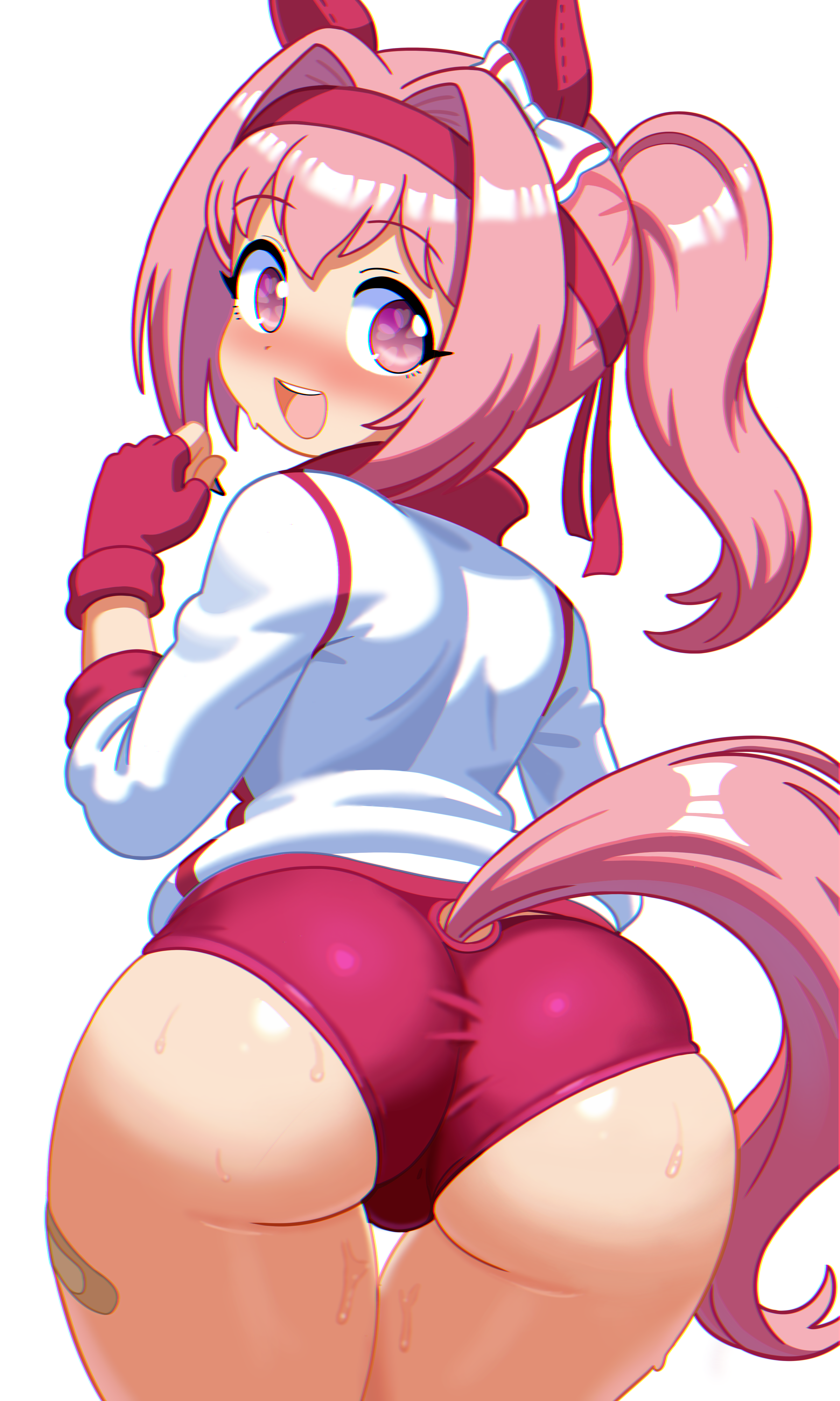 1girl, animal ears, ass, ass focus, bandaid, bandaid on leg, bow, buruma, ear bow, ear covers, female, female only, fingerless gloves, flower in eye, flower-shaped pupils, gloves, haru urara (bestest prize) (umamusume), haru urara (umamusume), headband, highres, horse ears, horse girl, horse tail, huge ass, jacket, long hair, open mouth, pink buruma, pink eyes, pink hair, pink headband, ponytail, red buruma, red gloves, red headband, shirt, smile, solo, symbol in eye, symbol-shaped pupils, tail, umamusume, unepicroachy, white jacket, white shirt