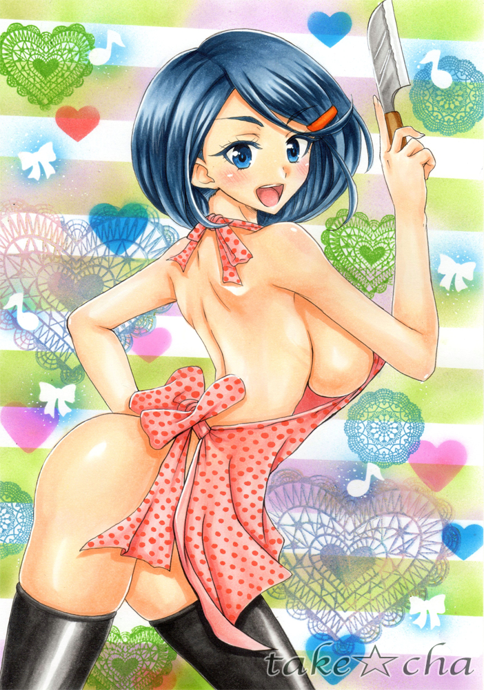 1girls, apron, blue eyes, blue hair, breasts, cleavage, female, female only, human, human only, johanna (pokemon), milf, naked apron, nintendo, pokemon, pokemon dppt, sideboob, sketch, smile, takecha, text, watermark