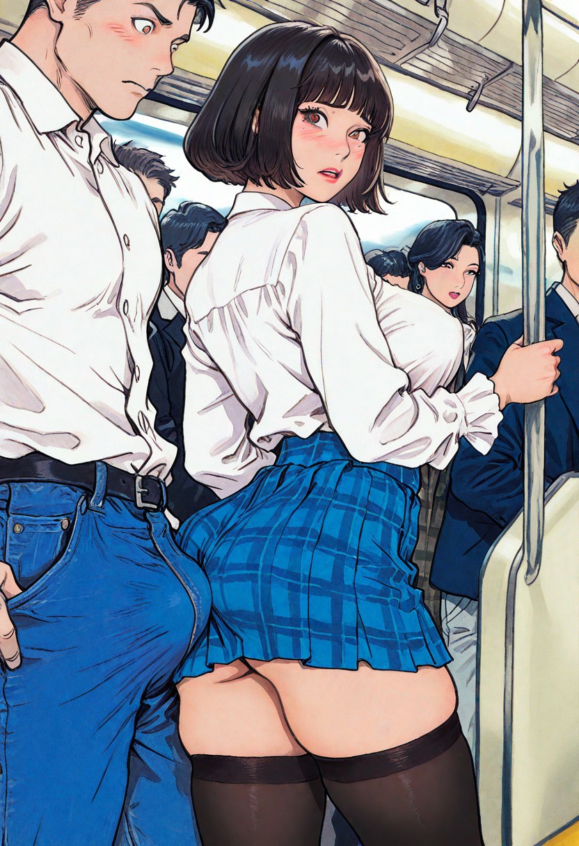 1boy, 1girls, ai generated, asian, asian female, bulge, bulge through clothing, crowd, jokerofhearts, public, public indecency, school uniform, schoolgirl uniform, subway, subway train, train