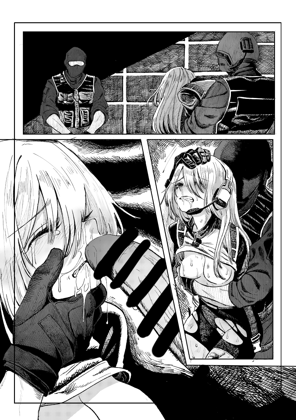 breasts, censored, comic page, crying, crying with eyes closed, crying with eyes open, dormicum, drooling, hand on head, machina anderson, monochrome, red hod, shirt lift, sweat, torn bike shorts