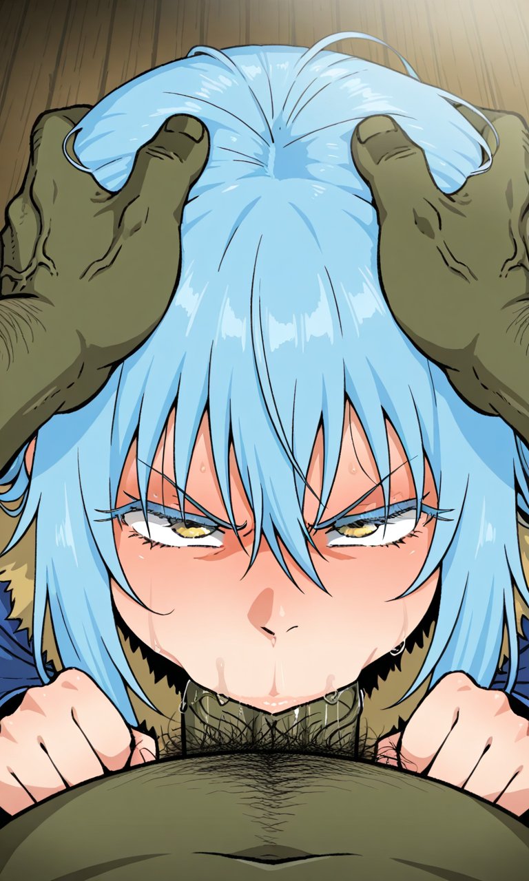 ai generated, blowjob, cursed21miko, deepthroat, femboy, light skin, looking at viewer, male pov, rimuru tempest, shiny skin, solo, tensei shitara slime datta ken