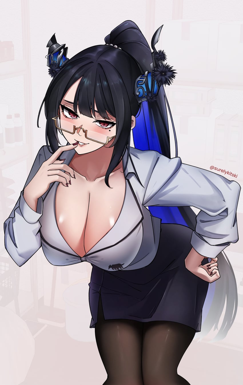 1girl, asymmetrical horns, black hair, black pantyhose, black skirt, blue hair, breasts, cleavage, collared shirt, colored inner hair, english text, flower, glasses, grin, hand on hip, hand up, high waisted skirt, highres, hololive, hololive english, horn flower, horns, kitski, large breasts, leaning forward, long hair, looking at viewer, mole, mole under eye, multicolored hair, nerissa ravencroft, nerissa ravencroft (casual), office lady, official alternate costume, official alternate hairstyle, pantyhose, pencil skirt, ponytail, purple eyes, rectangular glasses, semi-rimless eyewear, shirt, shirt tucked in, sidelocks, skirt, slit pupils, smile, solo, uneven horns, very long hair, virtual youtuber, white shirt