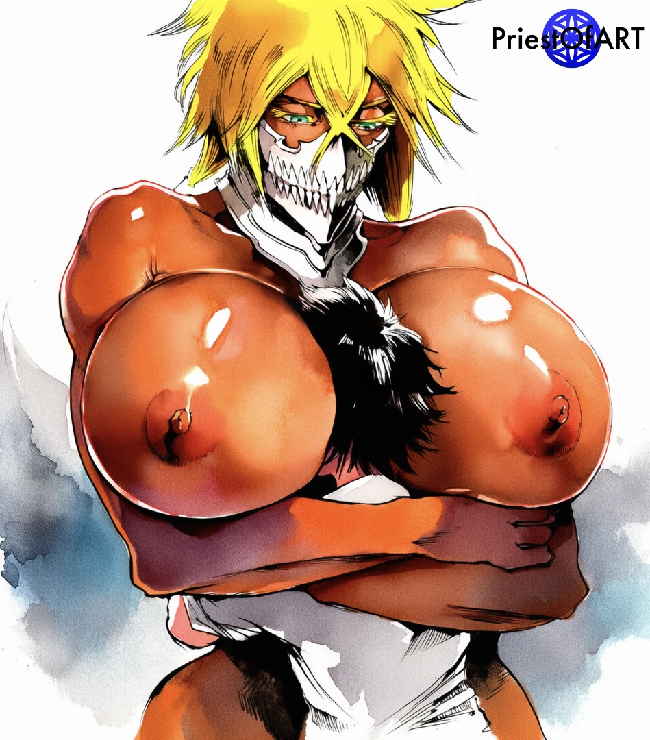 1boy, 1girls, ai generated, big breasts, bleach, brown skin, busty, dark-skinned female, female, head between breasts, hug, huge breasts, male, mouth mask, muscular, muscular female, nipples, priestofart, shiny, simple background, skull mask, smaller male, solo, solo female, tier harribel, upper body, watercolor (artwork), watermark, white background, yellow hair