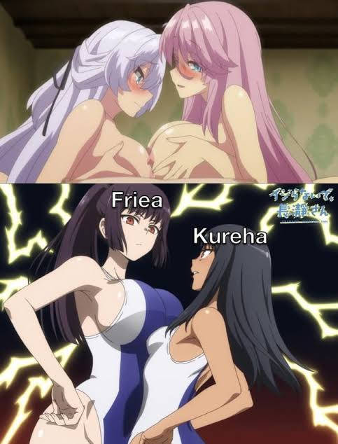 anime, boobs, breast fight, breasts, comparing breasts, double paizuri, flare arlgrande jioral, hayase nagatoro, kaifuku jutsushi no yarinaoshi, kureha clyret, meme, memes, paizuri, please don't bully me, nagatoro, redo of healer, sana sunomiya, size difference, swimsuit, titfuck, tnk (company)