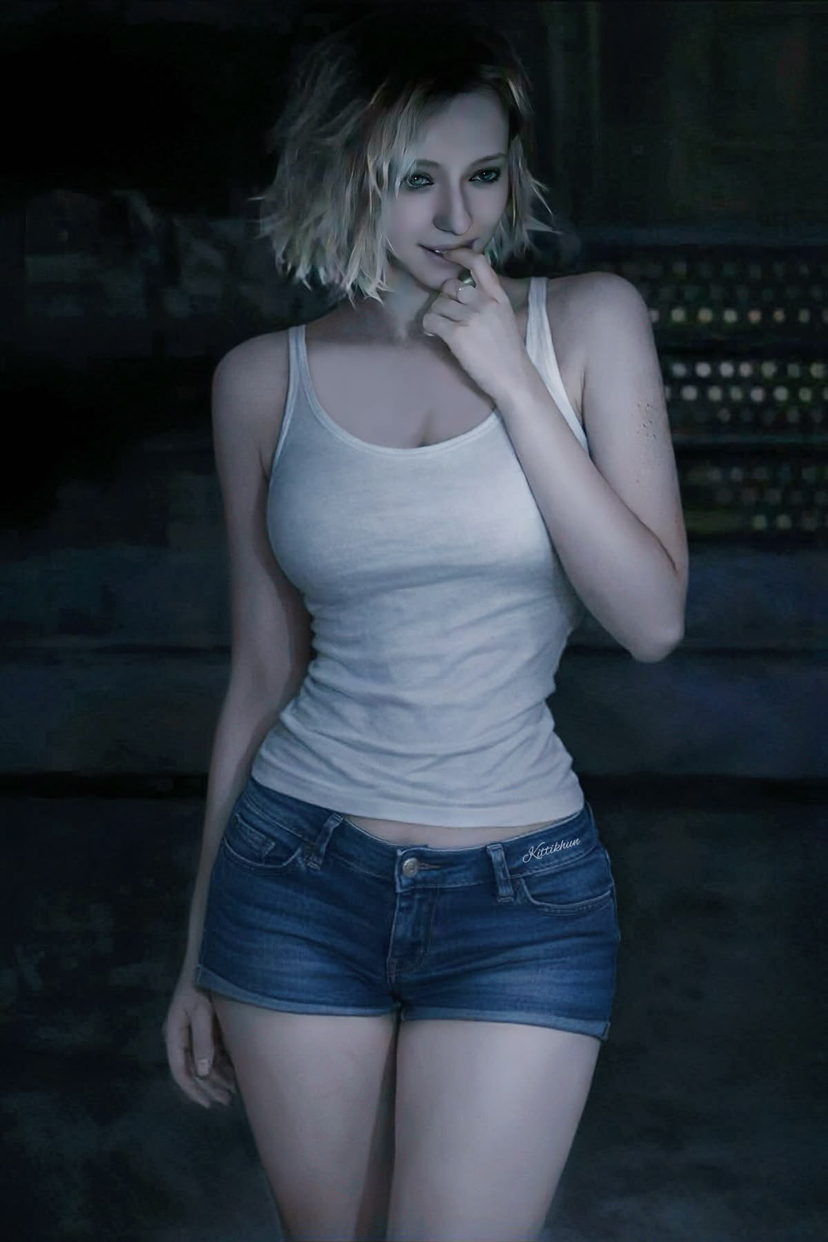 3d, 3d (artwork), ai assisted, artist request, bangs, belly button, biting finger, biting own finger, blonde female, blonde hair, capcom, caucasian, caucasian female, denim, denim shorts, grace ashcroft, hourglass figure, hourglass figured female, jean shorts, jeans, medium breasts, medium hair, nsfw, resident evil, resident evil 9: requiem, shorts, sleeveless shirt, slim waist, smiling, smiling at viewer, smirk, smirking, tagme, tanktop, thick thighs, unknown artist, wide hips