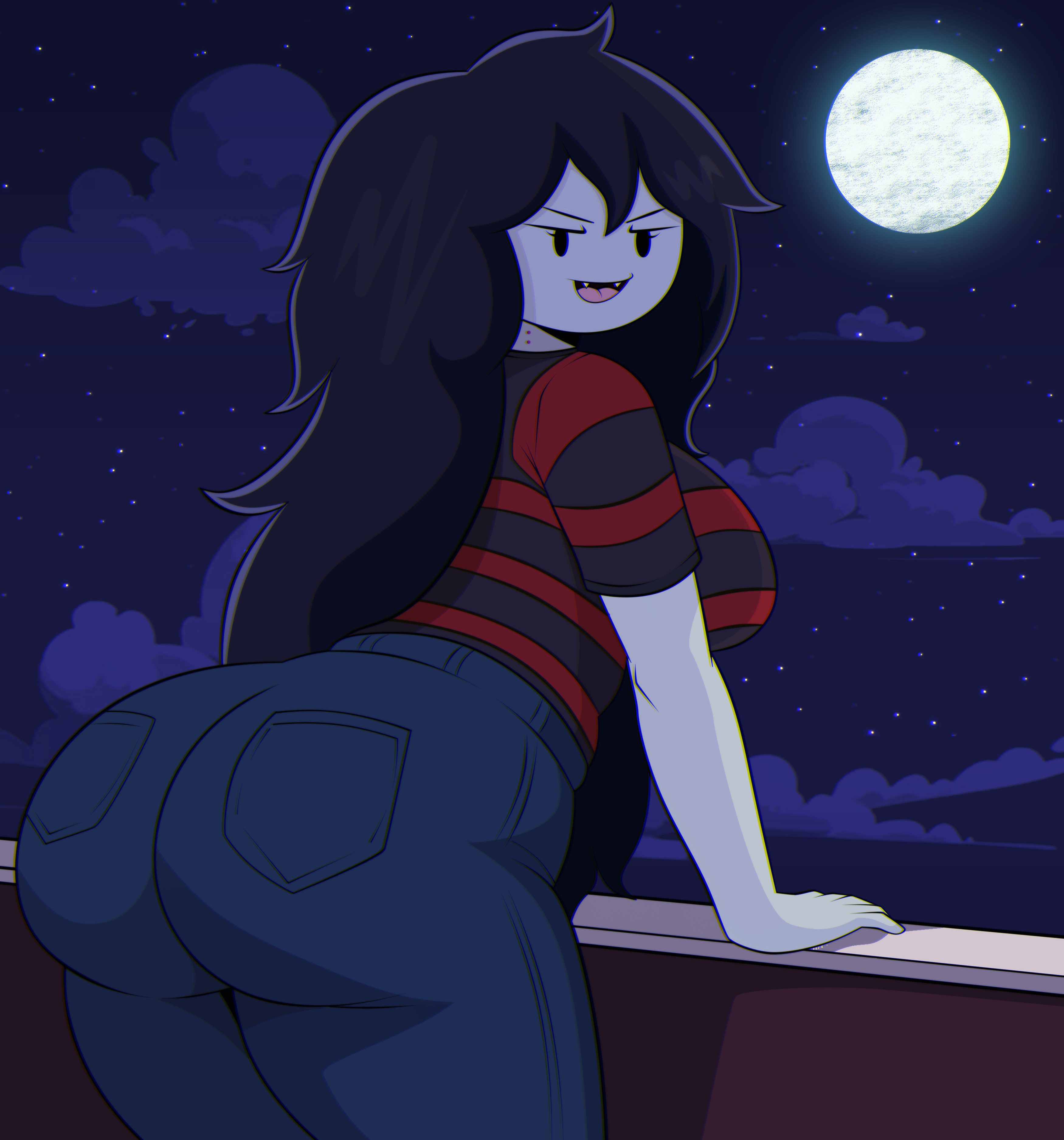adventure time, ass, ass focus, background, bite mark, bite mark on neck, bite marks, black hair, cartoon network, clothed, clothing, female, female only, full moon, gray body, gray skin, grey body, grey skin, jeans, leaning forward, long hair, looking at viewer, looking back, marceline, marceline abadeer, night, night sky, superbage, tagme, vampire, vampire girl